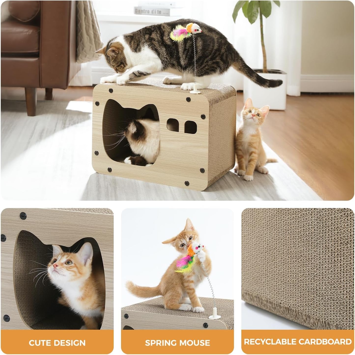 Cat Scratching Post Cat Cardboard House Cat Scratcher Board Cardboard Corrugated 2 in 1 All Sided Use Scratching Pad with Spring Mouse Toy