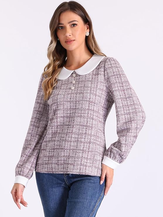 Tweed Top for Women's Button Decor Crew Neck Long Sleeve Christmas Collar Blouse
