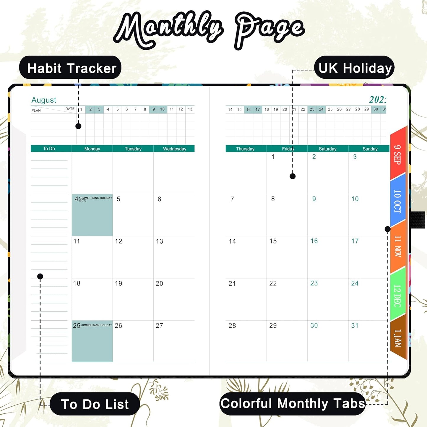 Page a Day Diary with Colorful Tabs, UK Holidays, Inner Pocket, and Pen Set - Blossom Dream