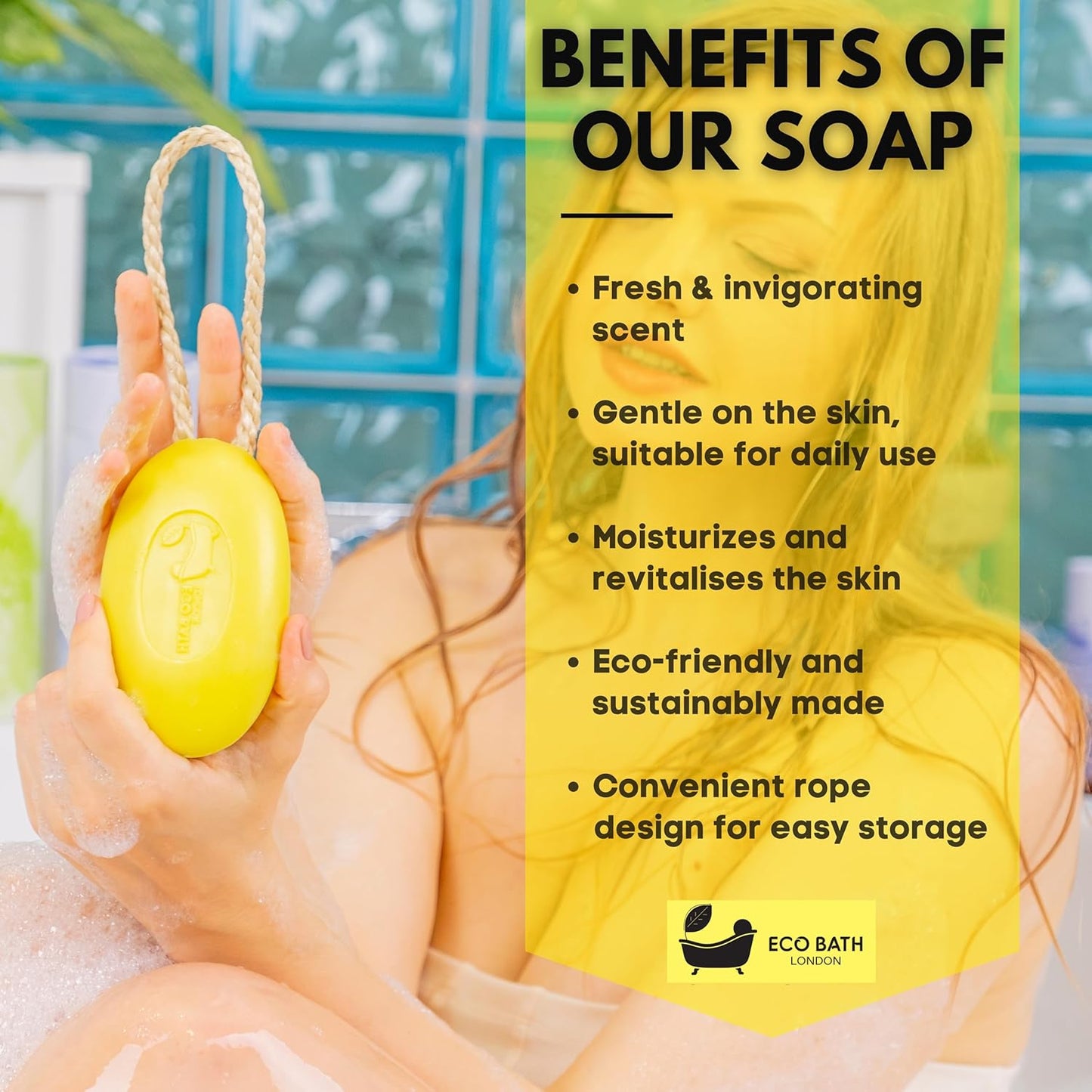 Eco Bath London Lime Soap on a Rope 220g - Luxury Eco-Friendly Lime Soap, Refreshing Body Wash Bar with Shea Butter, Natural Shower Gel Bar for Smooth and Hydrated Skin,