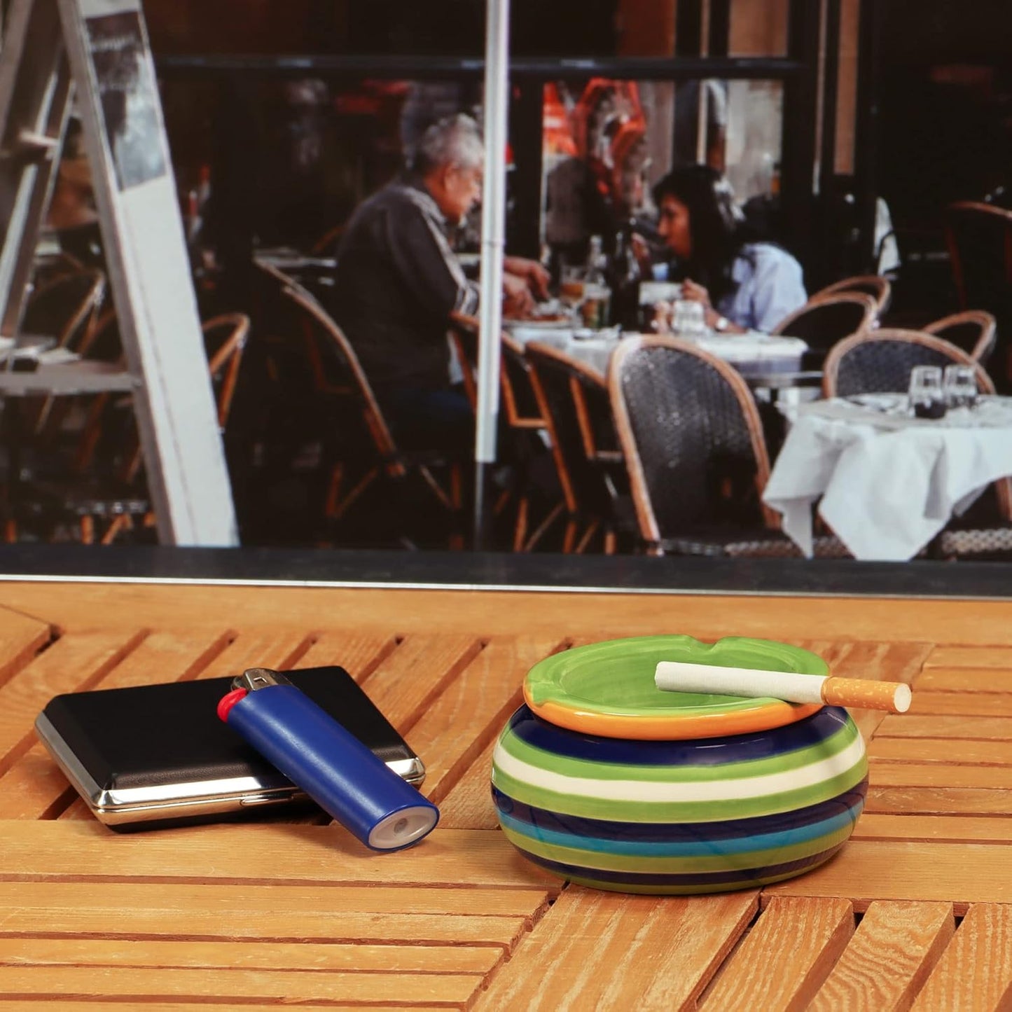 2x wind ashtray made of dolomite - weatherproof storm ashtray made of ceramic - small table ashtray with lid - design with colorful stripes