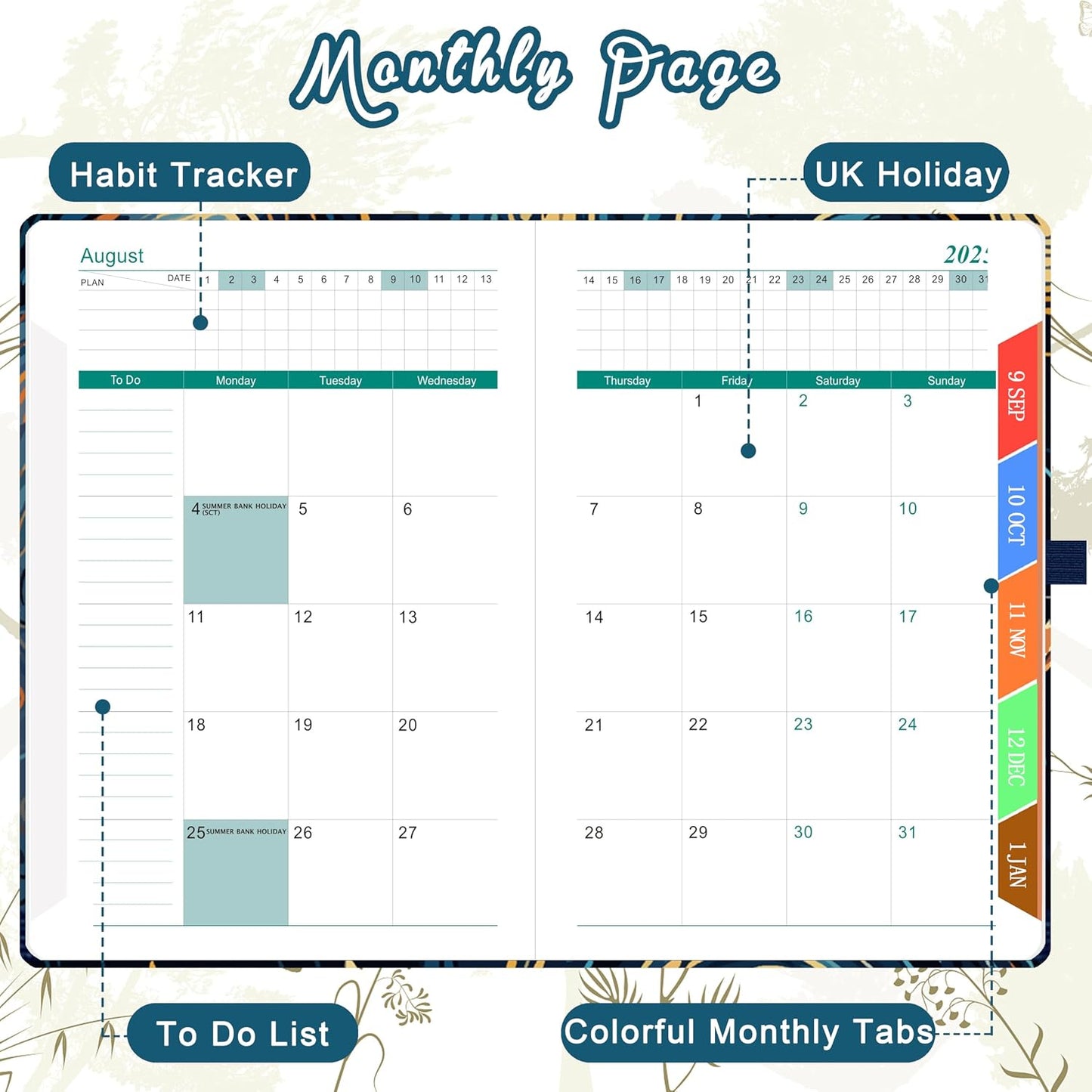 Diary 2025-2026 - Academic Diary Page a Day with Monthly View, Pen Set, and Colourful Tabs