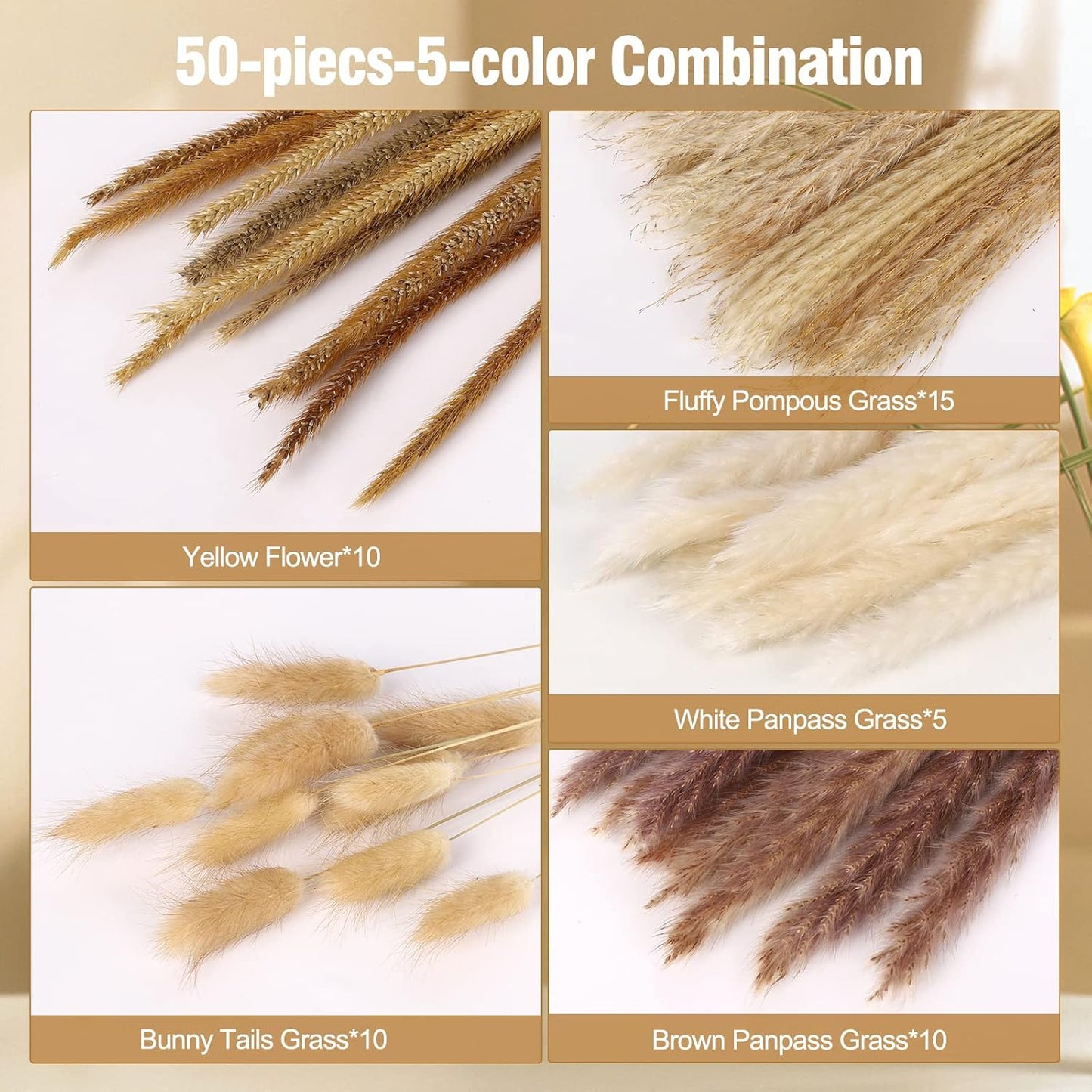 Pampas Grass Decor-5Pcs White Pampas Grass, 10Pcs Brown Pompous Grass, 10Pcs Bunny Tails, 15Pcs Reed Grass,10Pcs Yellow Flowers, Wedding Floral Arrangements Home Decorations