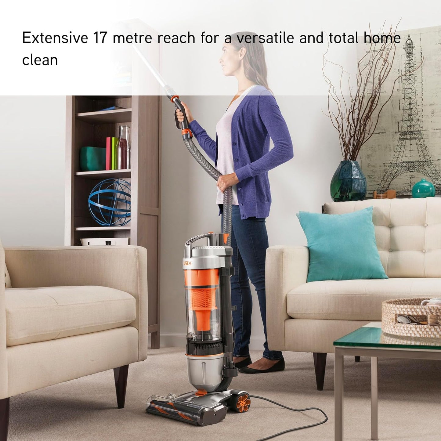 Air Stretch Upright Vacuum Cleaner; Over 17m Reach; High performance, Multi-cyclonic, with No Loss of Suction; Lightweight - U85-AS-Be, Silver and Orange
