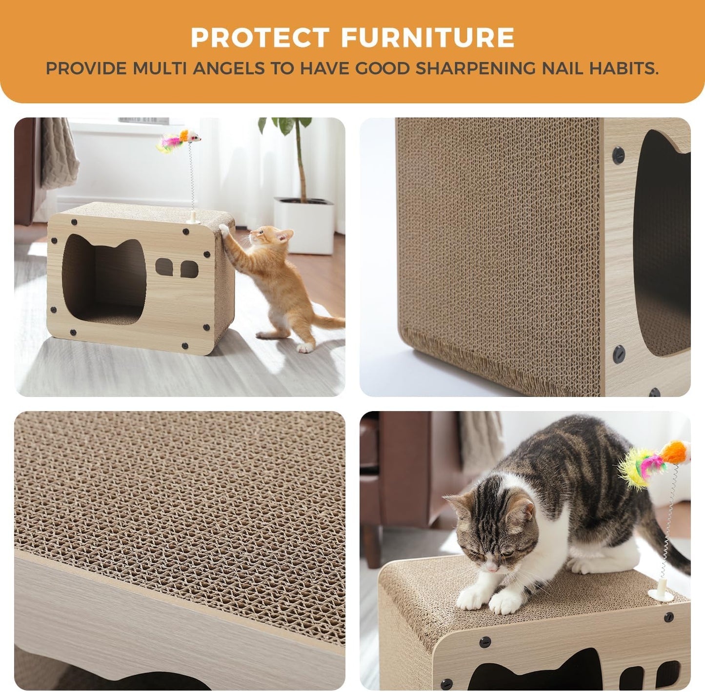 Cat Scratching Post Cat Cardboard House Cat Scratcher Board Cardboard Corrugated 2 in 1 All Sided Use Scratching Pad with Spring Mouse Toy
