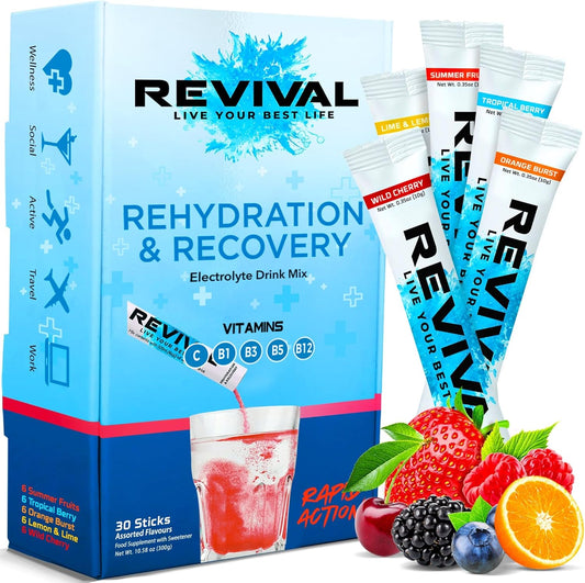 Rapid Rehydration Electrolytes Powder - High Strength Vitamin C, B1, B3, B5, B12 Supplement Sachet Drink, Effervescent Electrolyte Hydration Tablets