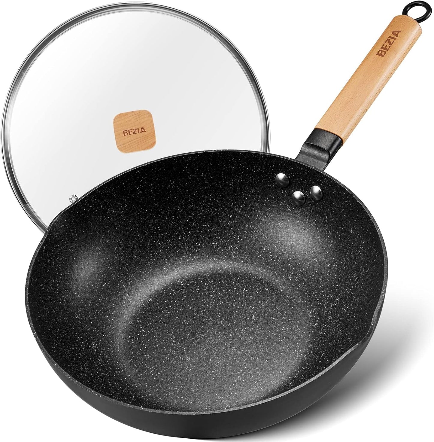 Nonstick Wok with Lid 30cm, Induction Wok Pan with Flat Bottom, 12inch Stir-Fry Pan and Non Stick Frying Pan, Removable Wooden Handle, Compatible All Stoves, Black (12421B)