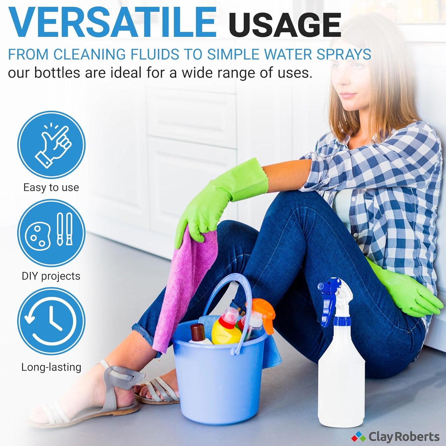 Clay Roberts Water Spray Bottles, Mist and Jet Settings, Pack of 3, Blue, 750ml, Measuring Gauge, Blue Spray Bottles, Cleaning, Gardening, Sprayer Bottle, Water for Cleaning