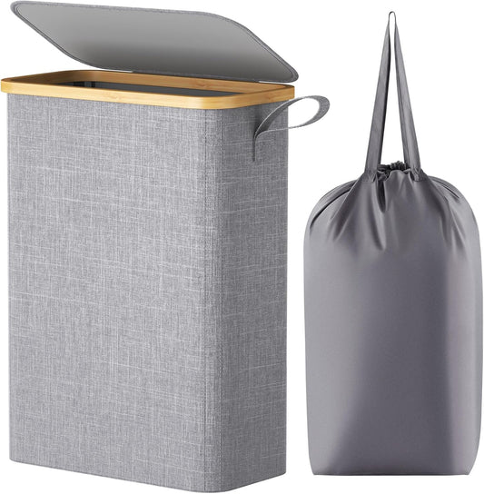 50L Slim Laundry Hamper with Lid, Narrow Laundry Basket with Removable Bag & Bamboo Handles, Fodable Thin Dirty Clothes Hamper for Laundry Collapsible Bin for Bathroom Bedroom Dorm