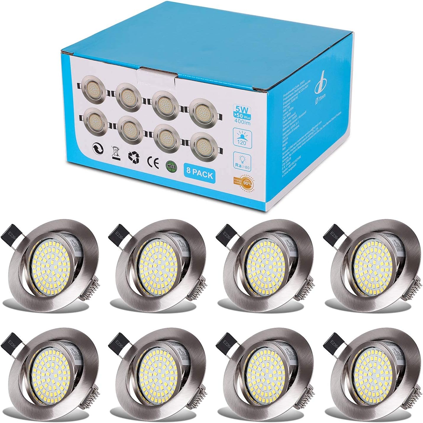LED Recessed Spotlight Set - Ultra Flat Round Steel IP20 - 8 Pack Cold White