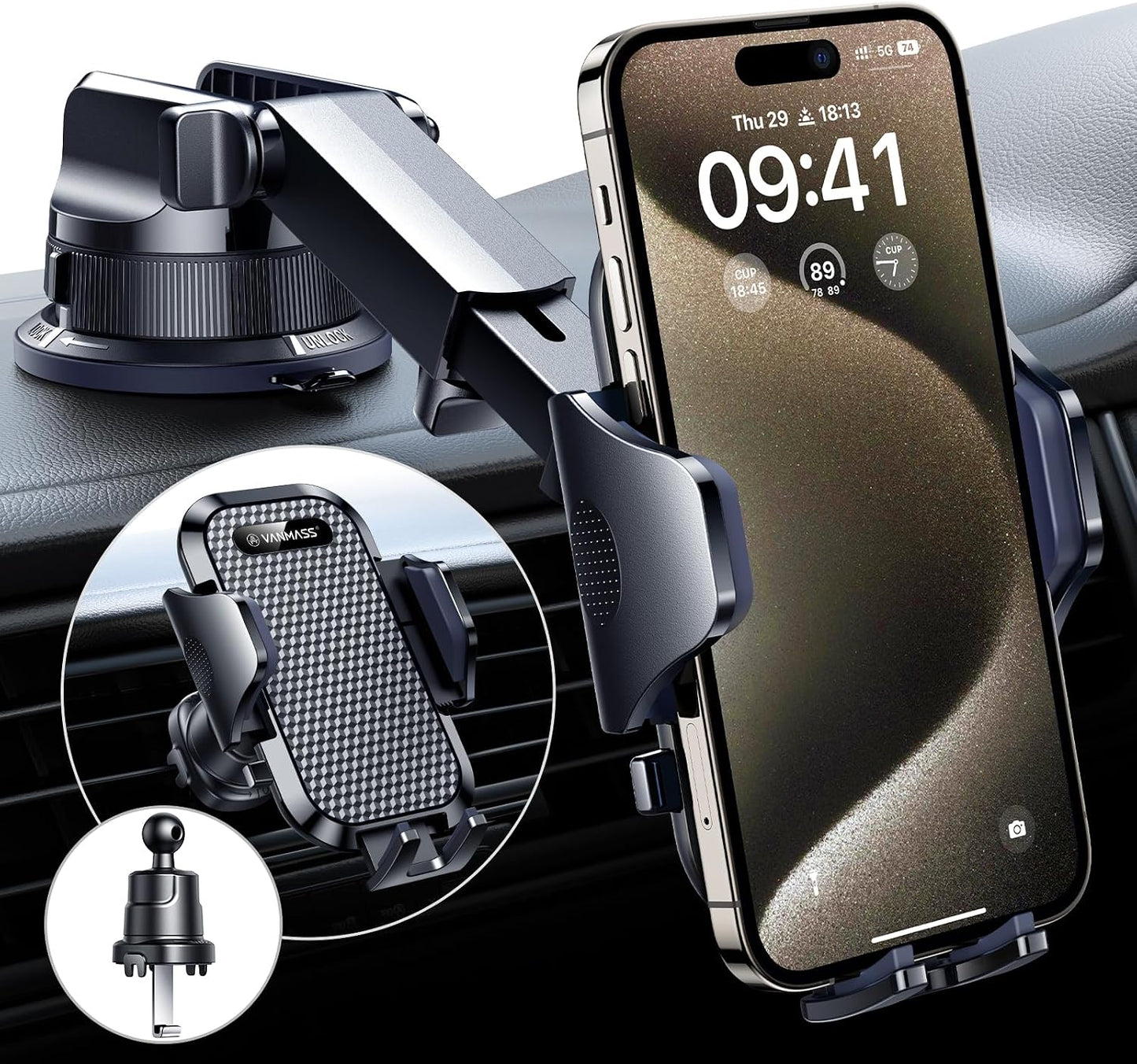 Car Phone Holder with Rotate Lock and Strong Suction Cup - Dashboard Windscreen Vent Mount Universal Cradle