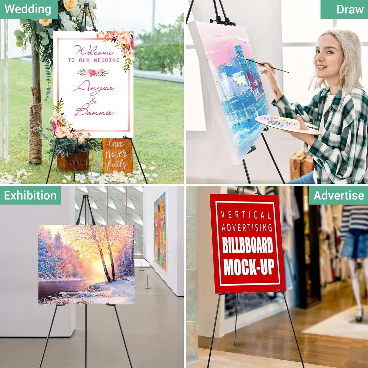 Portable Artist Easel Stand 63'' Adjustable Tripod Table Top Art Canvas Painting Display - Easy Folding Studio Telescopic Floor Easels for Wedding Sign Poster Black Indoor Outdoor