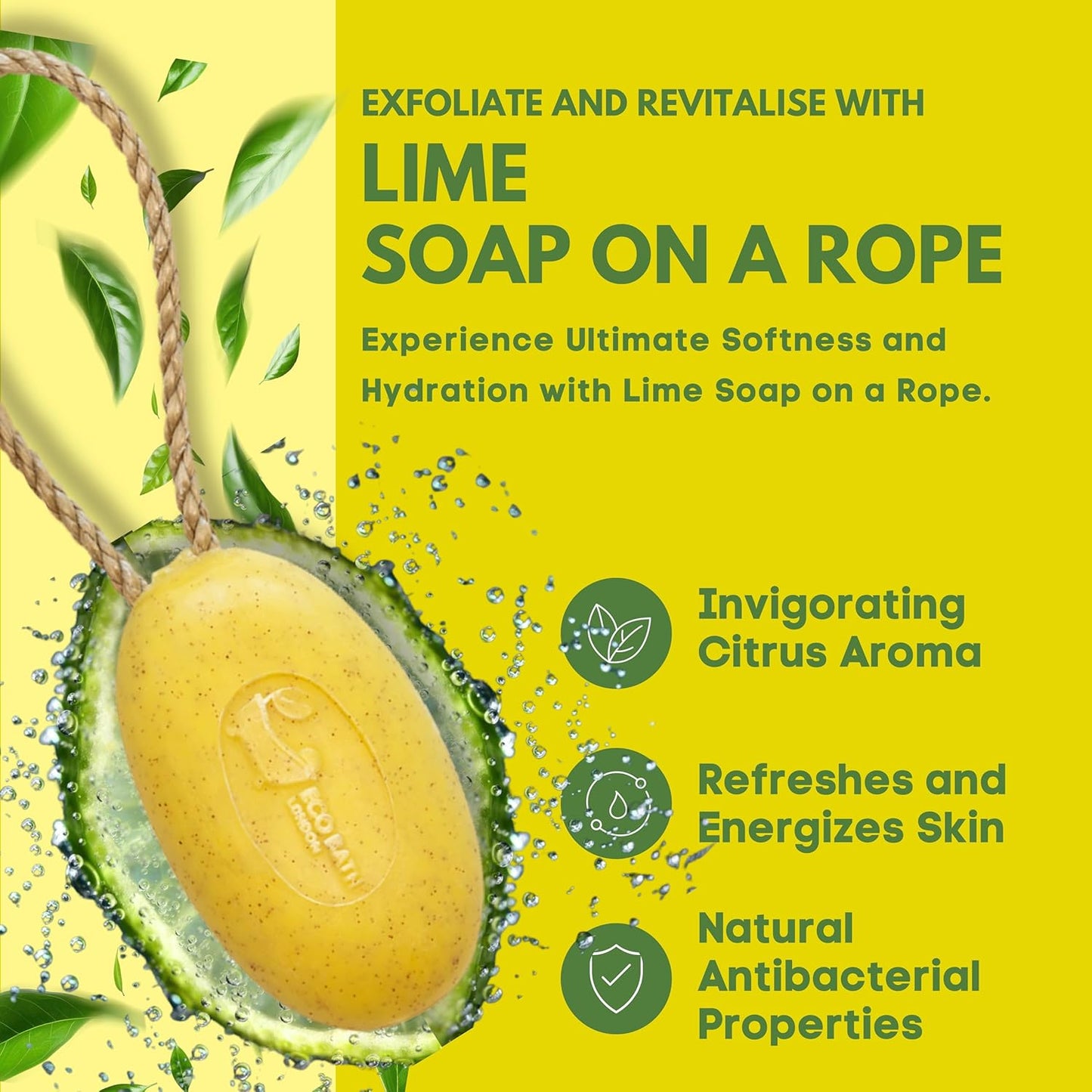Eco Bath London Lime Soap on a Rope 220g - Luxury Eco-Friendly Lime Soap, Refreshing Body Wash Bar with Shea Butter, Natural Shower Gel Bar for Smooth and Hydrated Skin,