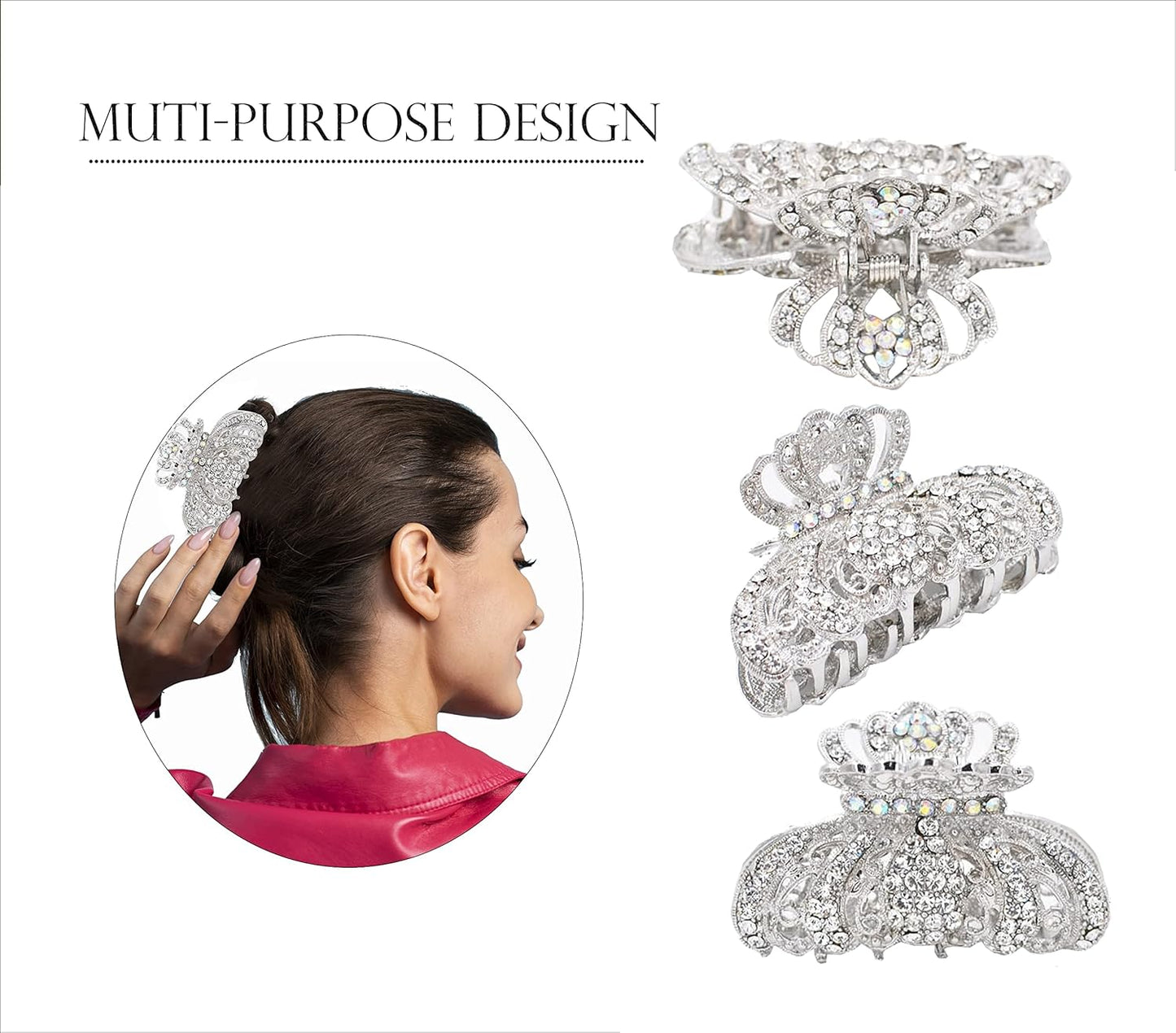 Metal Antique Silver Plated Hair Clips Women, Crystal Rhinestone Hair Claw, Diamante Hair Clamp, Anti Slip Large Claw Clips for Thin & Thick Hair, Hair Styling Accessories Women