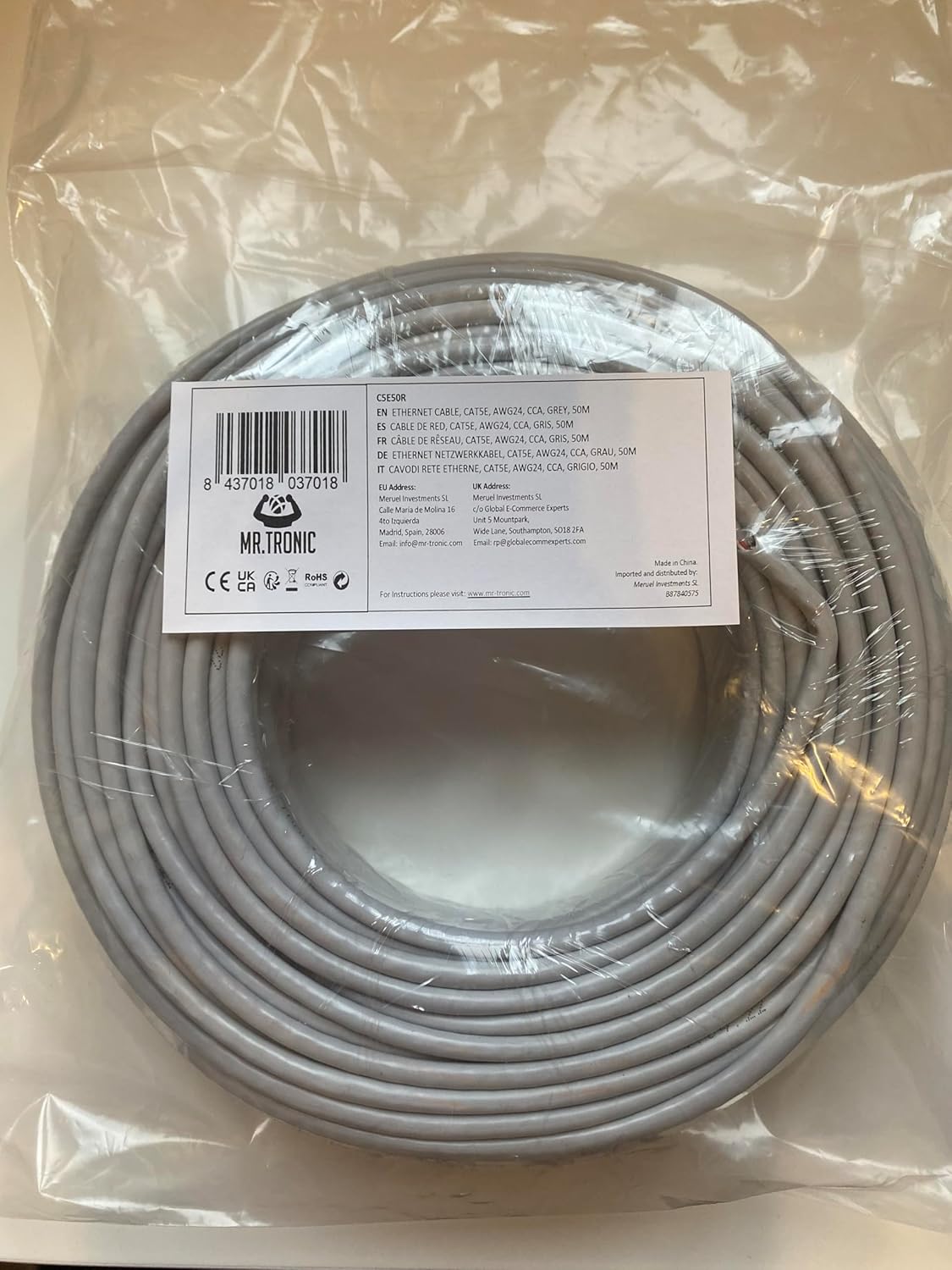 Bulk Cat 5E Ethernet Cable 50m, High Speed LAN Ethernet Network Cable, 50m Bulk Cat5E Internet 1 Gbps, 100 MHz, ADSL AWG24, UTP CCA