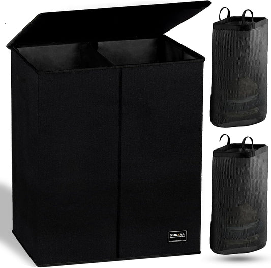 Double Laundry Basket with Lid & Removable Bags, 2 Compartments