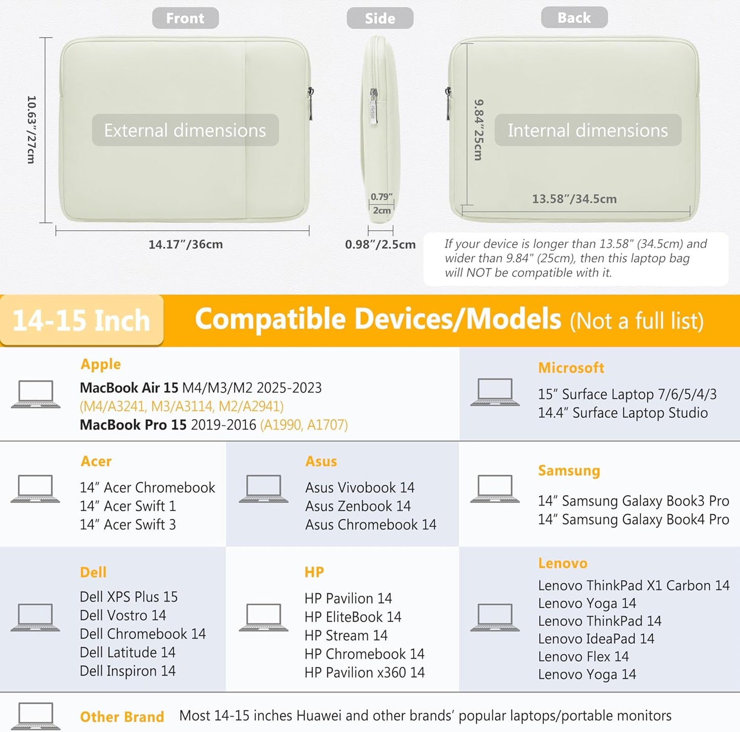 14-15 Inch Laptop Sleeve Bag Set for MacBook Air 15 M4/M3/M2, MacBook Pro 15, XPS 14/15 Plus, 15" Surface Laptop, NoteBook Case for 14" HP Lenovo ThinkPad Asus Acer HUAWEI, Beige