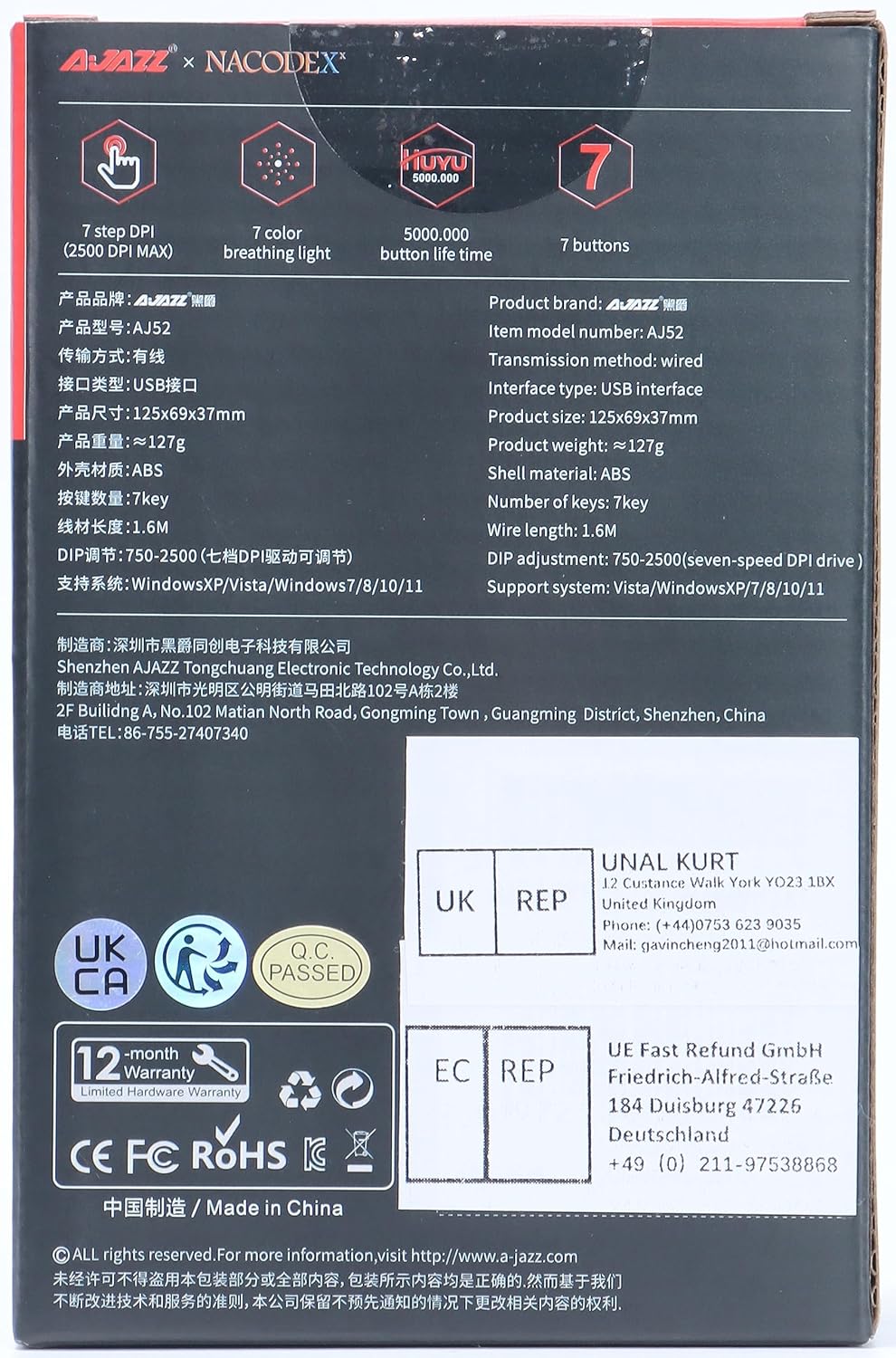 AJ52 Wired RGB Gaming Mouse, 2500 DPI 7 Buttons, Ergonomic LED Backlit USB Gamer Mice Computer Laptop PC, Compatible with XBOX PC Mac OS Linux - Pink