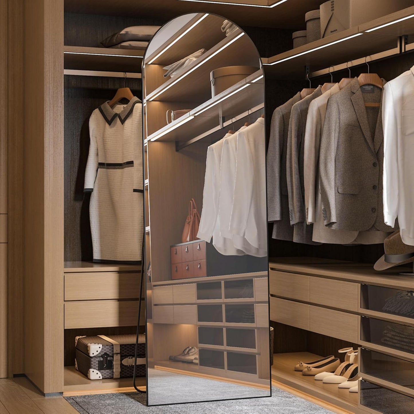 146x44cm Arched Floor Mirror, Full length Standing Mirror with Aluminum Frame, Hanging or Leaning, for Bedroom Living Room, Black