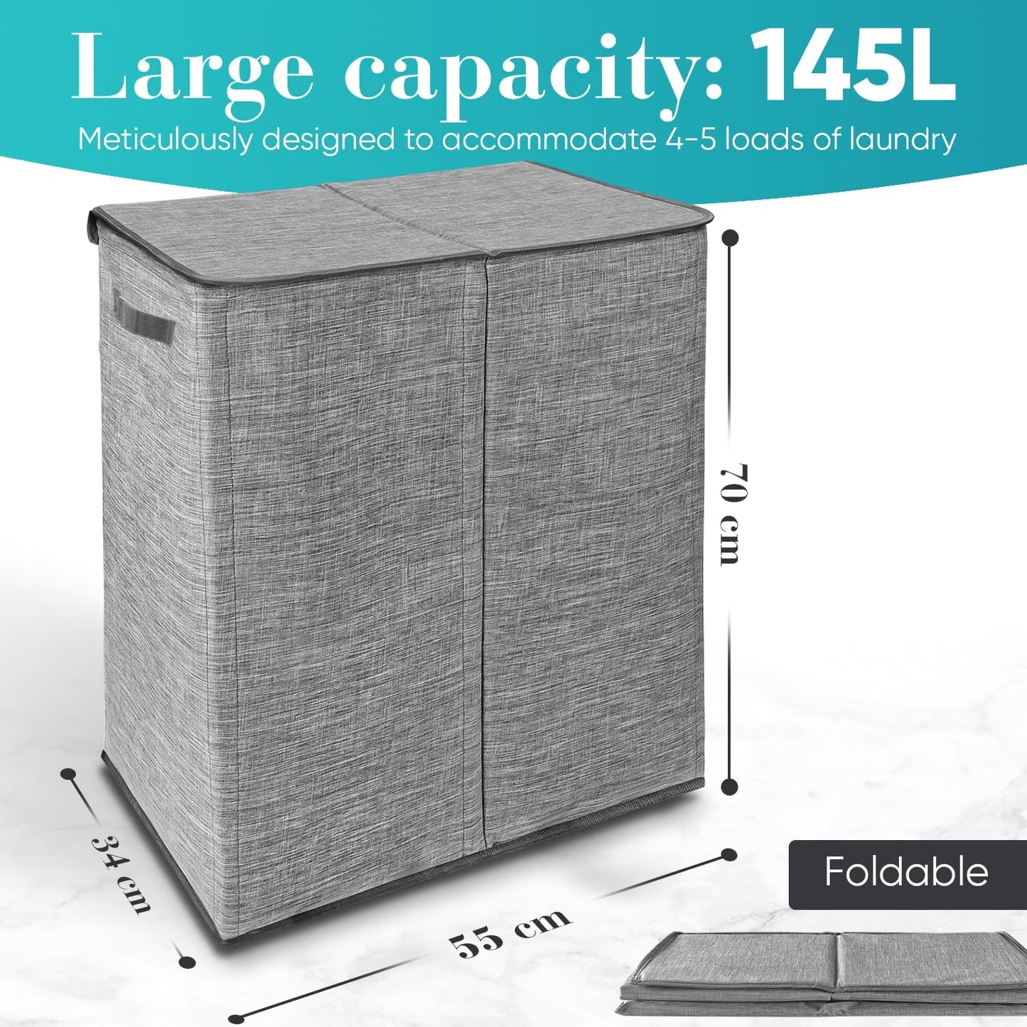 Double Laundry Basket with Lid & Removable Laundry Bags, 2 Compartments Washing Basket, 145L Large Laundry Hamper, Collapsible Laundry Bin Storage Basket Grey