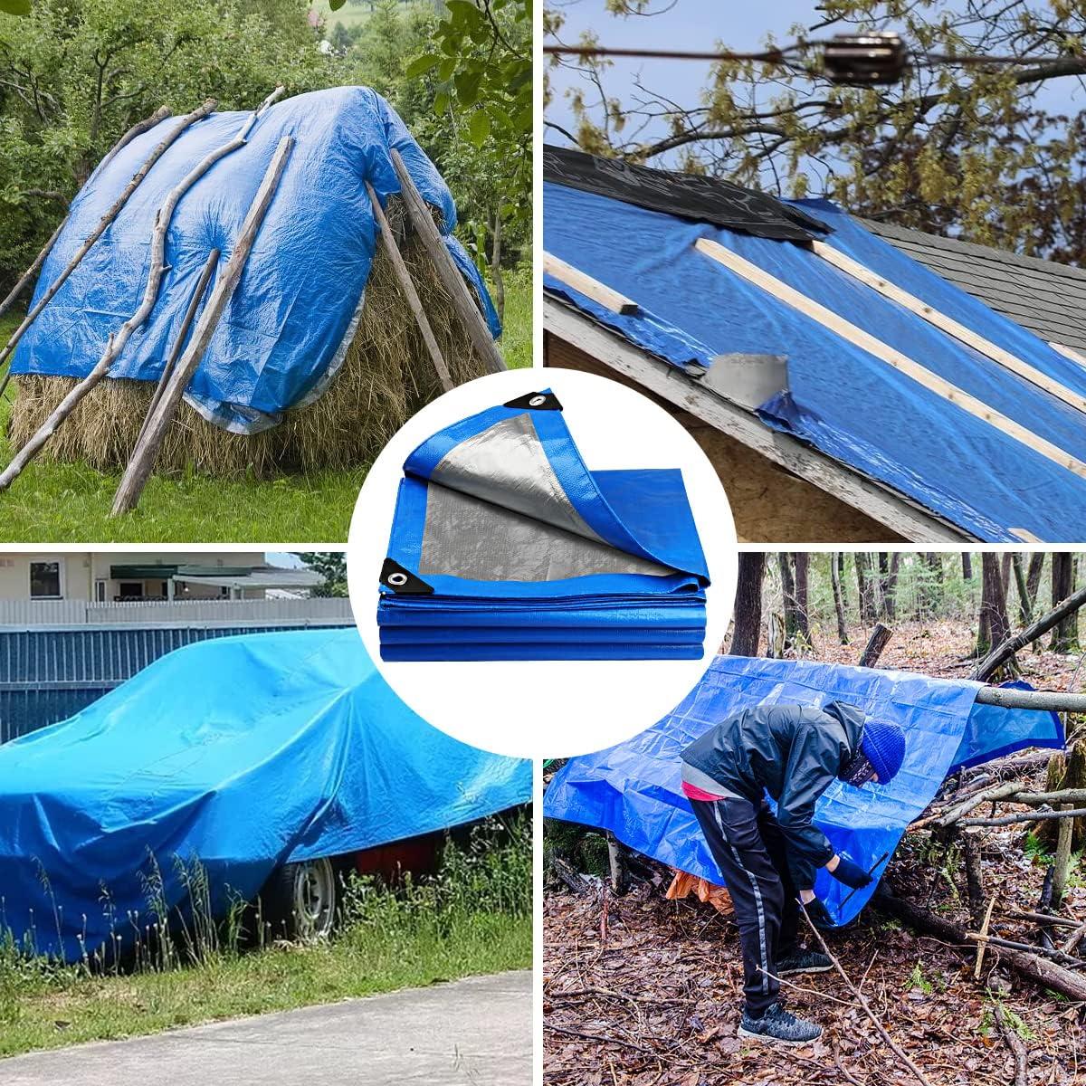 Onarway Tarpaulin 5m x 8m Thicken Tarpaulin Waterproof Heavy Duty 110GSM with Reinforced Grommets, Tarp Sheet Cover for Multipurpose Outdoor Use, Blue