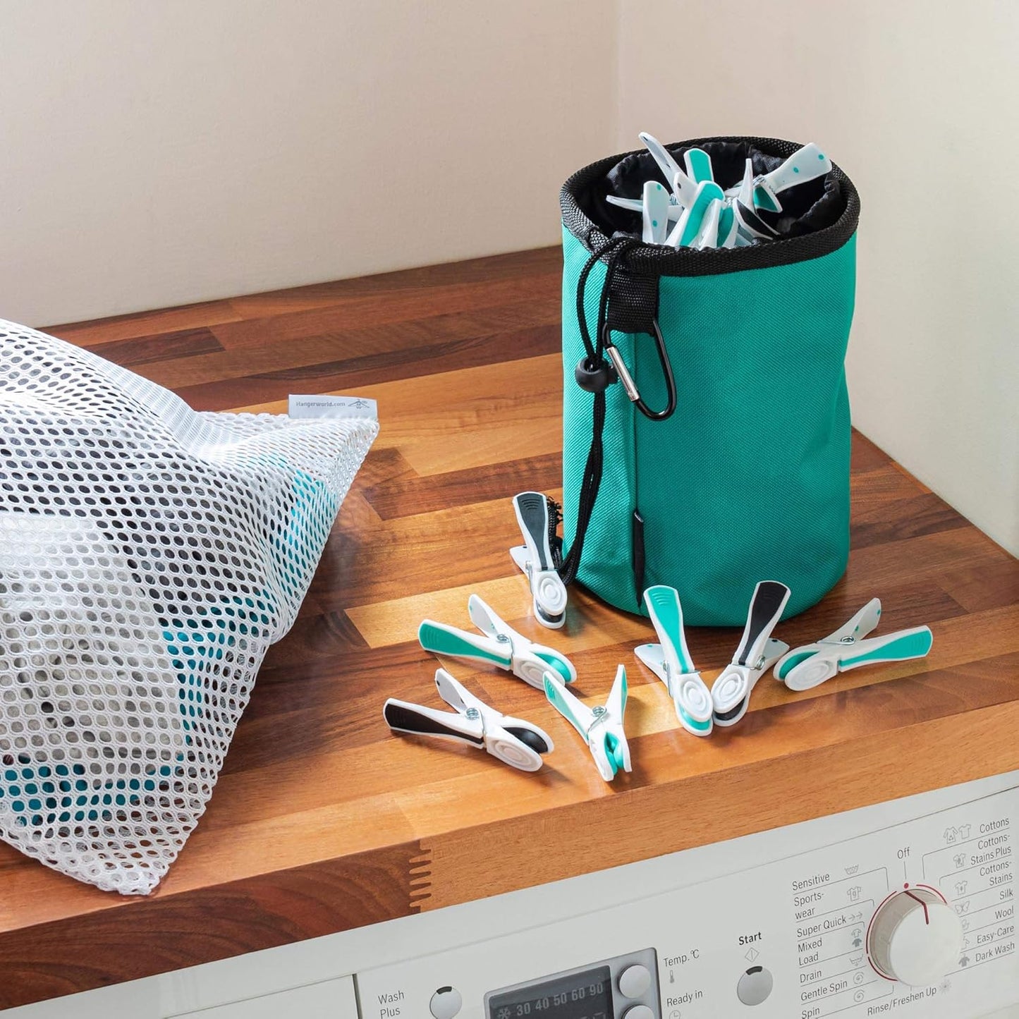 Set Premium Turquoise Peg Bag & Plastic Soft Grip Clothes Pegs Hanging Pegs Basket (48 Pegs, Turquoise)