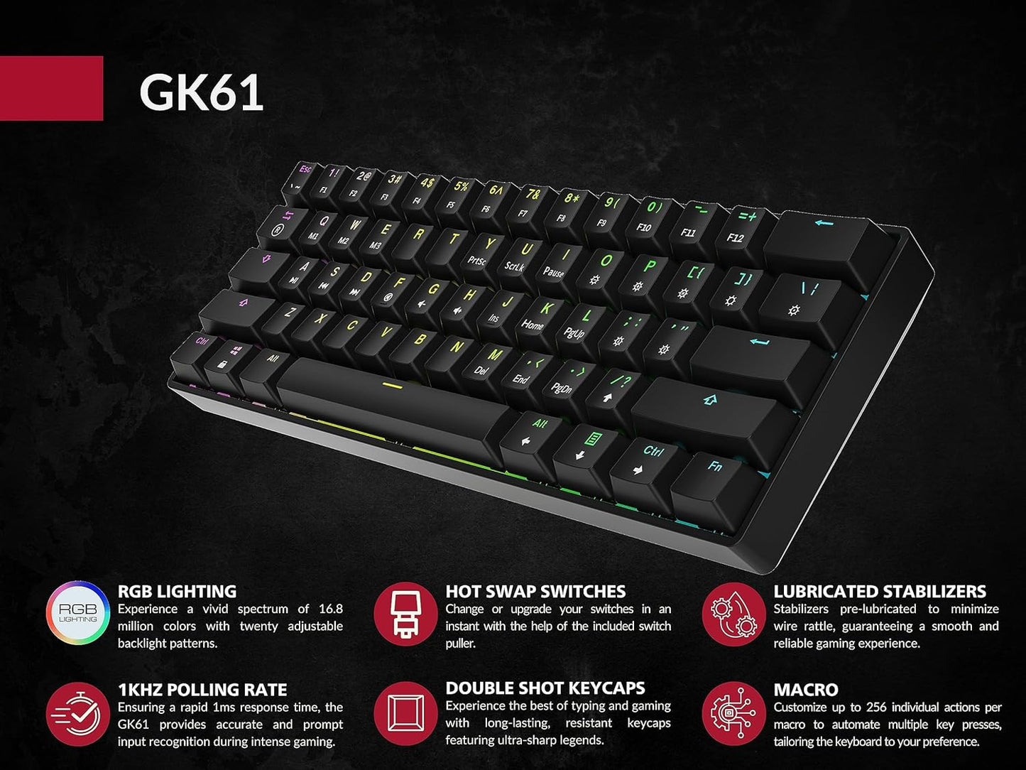 Mechanical Gaming Keyboard - 61 Keys Multi Color RGB Illuminated LED Backlit Wired Programmable for PC/Mac Gamer