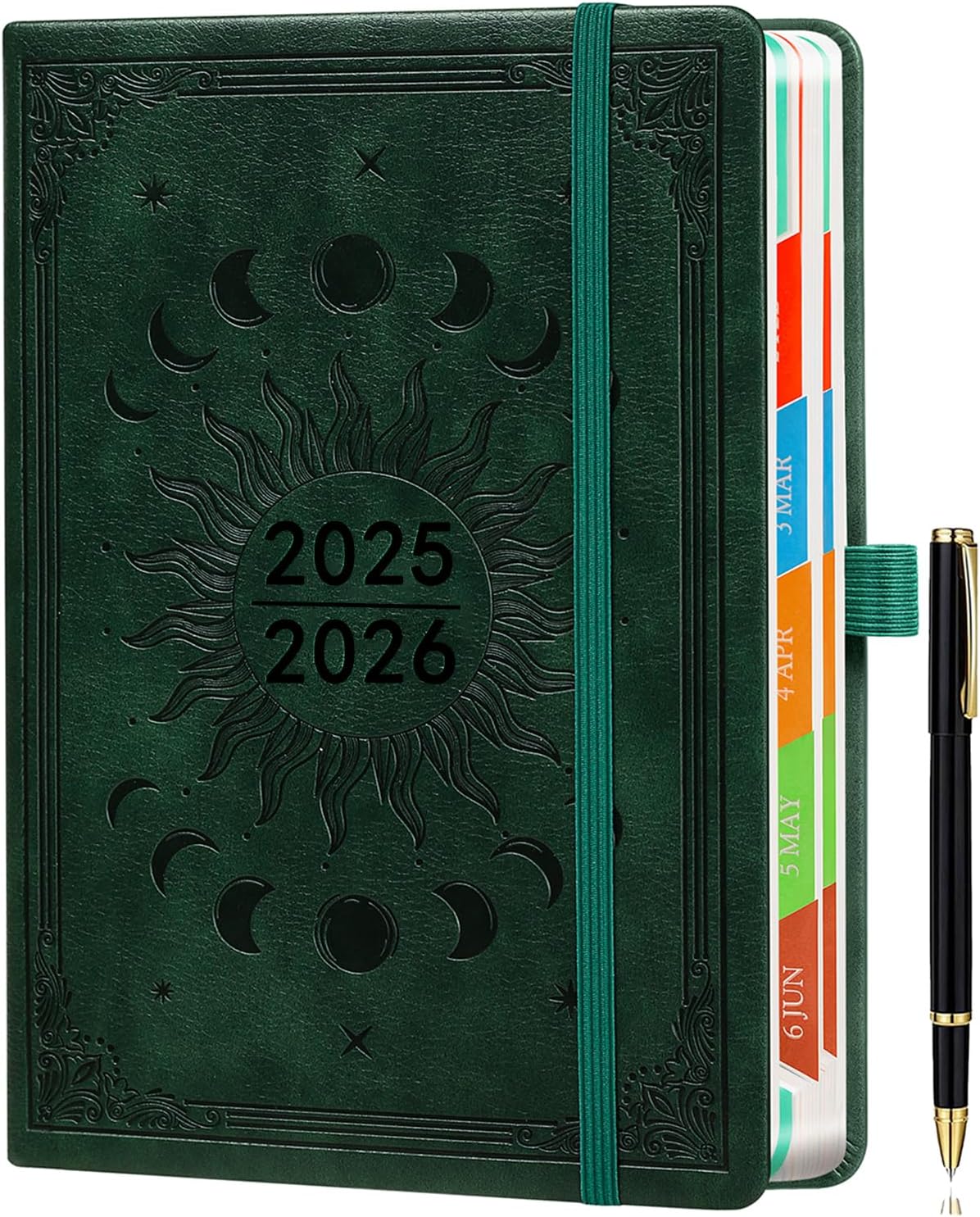 2025-2026 Academic A5 Diary Page a Day Daily Planner Organizer with Month View, Pen Set, Colorful Monthly Tabs, Inner Pocket - Dark Green