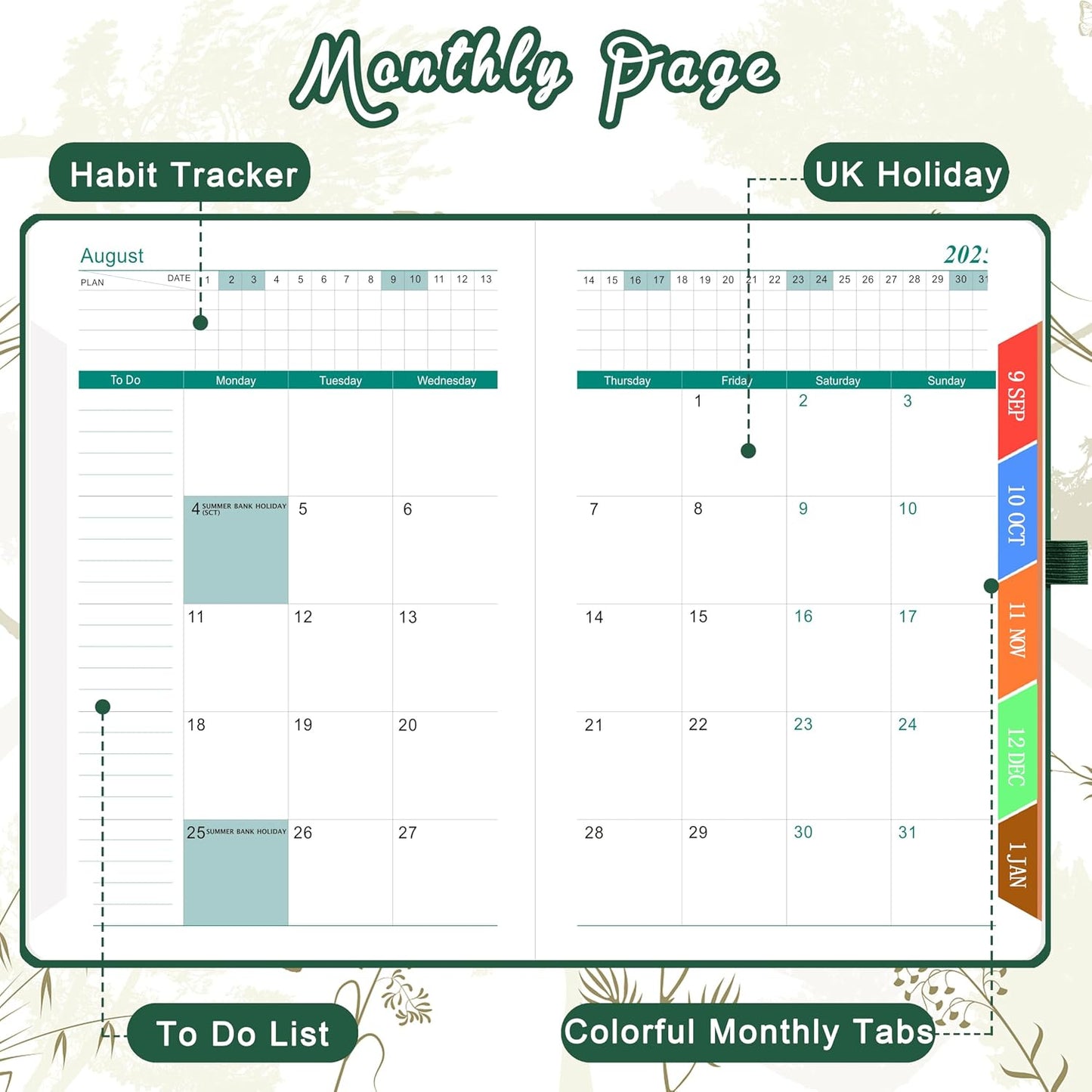 2025-2026 Academic A5 Diary Page a Day Daily Planner Organizer with Month View, Pen Set, Colorful Monthly Tabs, Inner Pocket - Dark Green