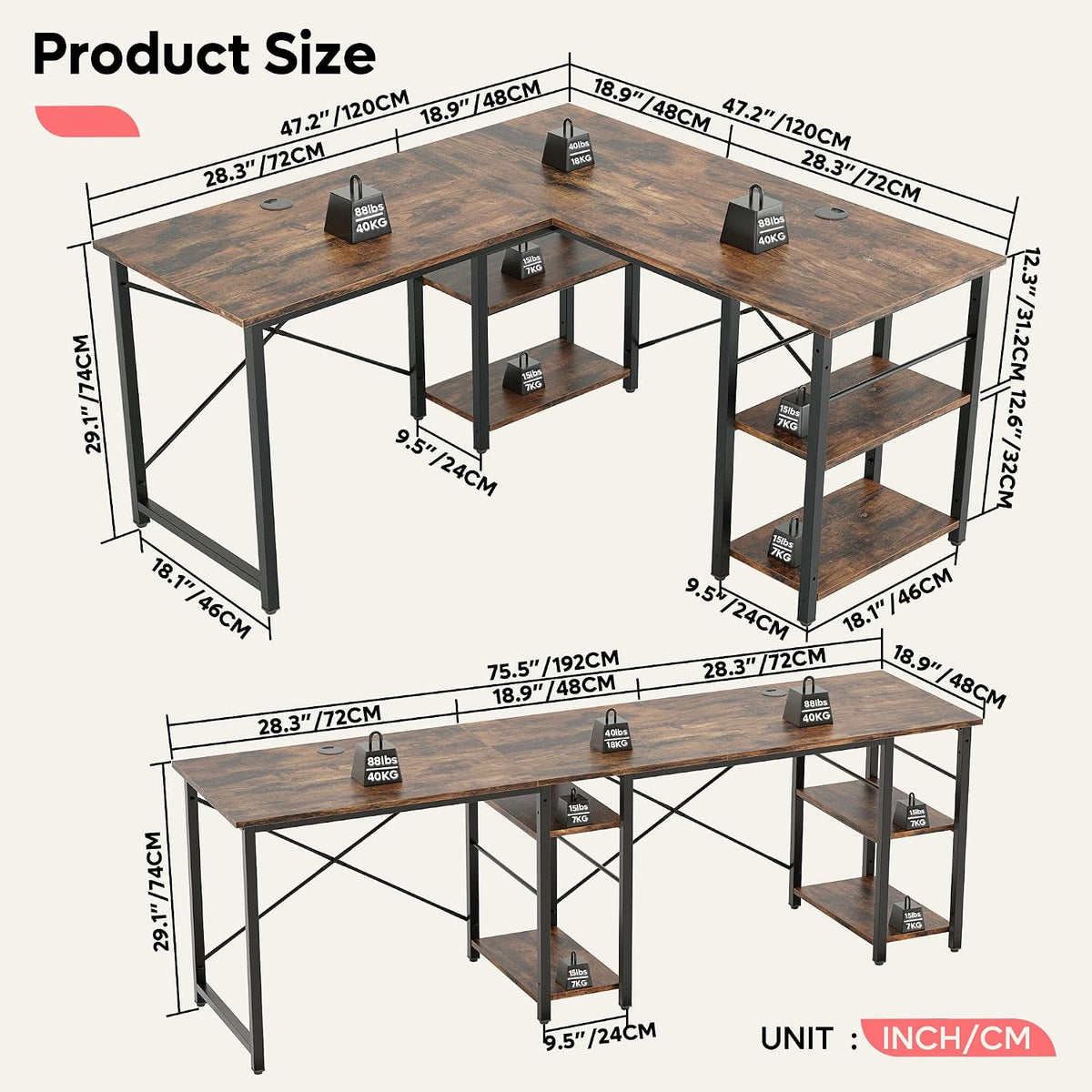 120CM Reversible L Shaped Corner Desk with Shelves