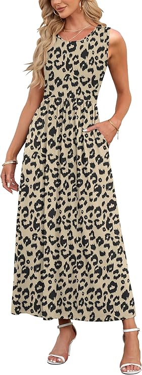 Summer Dresses for Women Casual Sleeveless Ladies Maxi Dress Long with Pockets