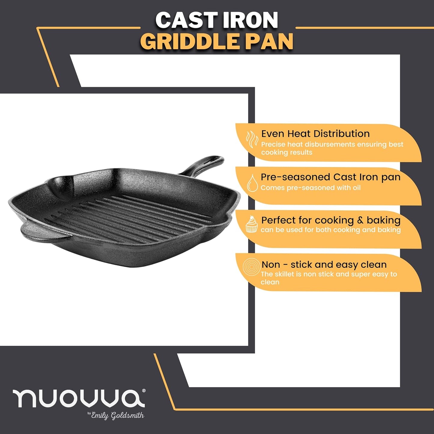 Pre-Seasoned Cast Iron Griddle Frying Pan - Square Enamelled Grill Pan - 28cm (Black)