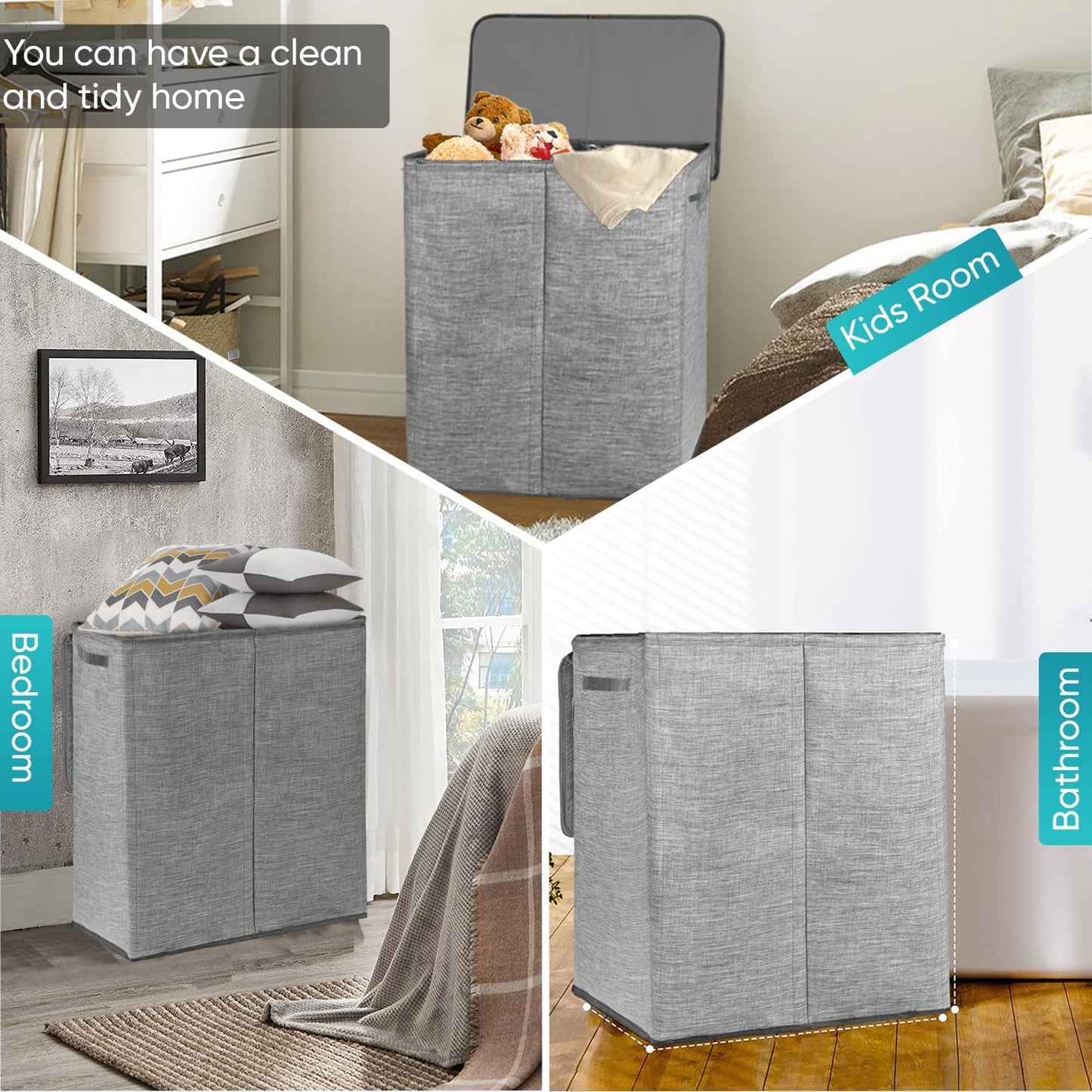 Double Laundry Basket with Lid & Removable Laundry Bags, 2 Compartments Washing Basket, 145L Large Laundry Hamper, Collapsible Laundry Bin Storage Basket Grey