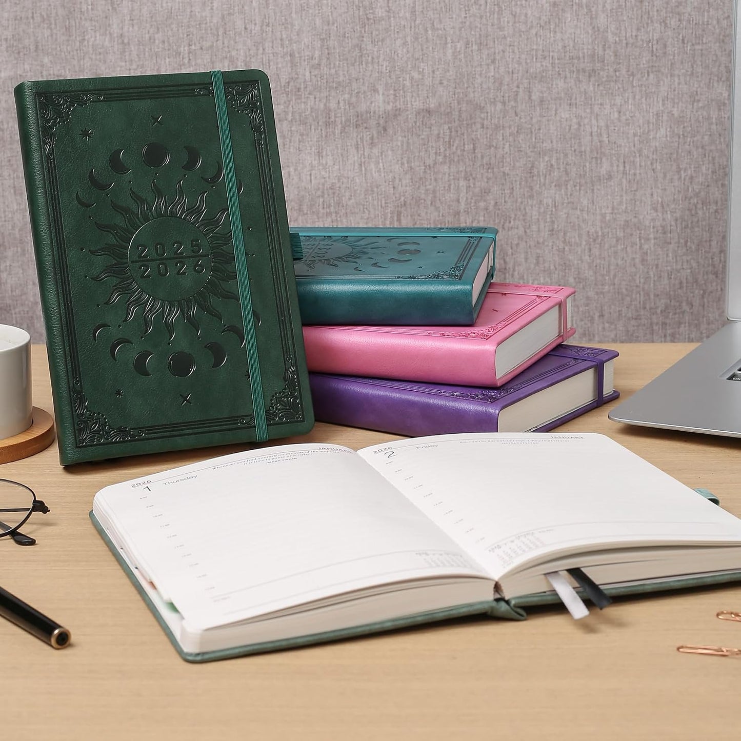 2025-2026 Academic A5 Diary Page a Day Daily Planner Organizer with Month View, Pen Set, Colorful Monthly Tabs, Inner Pocket - Dark Green