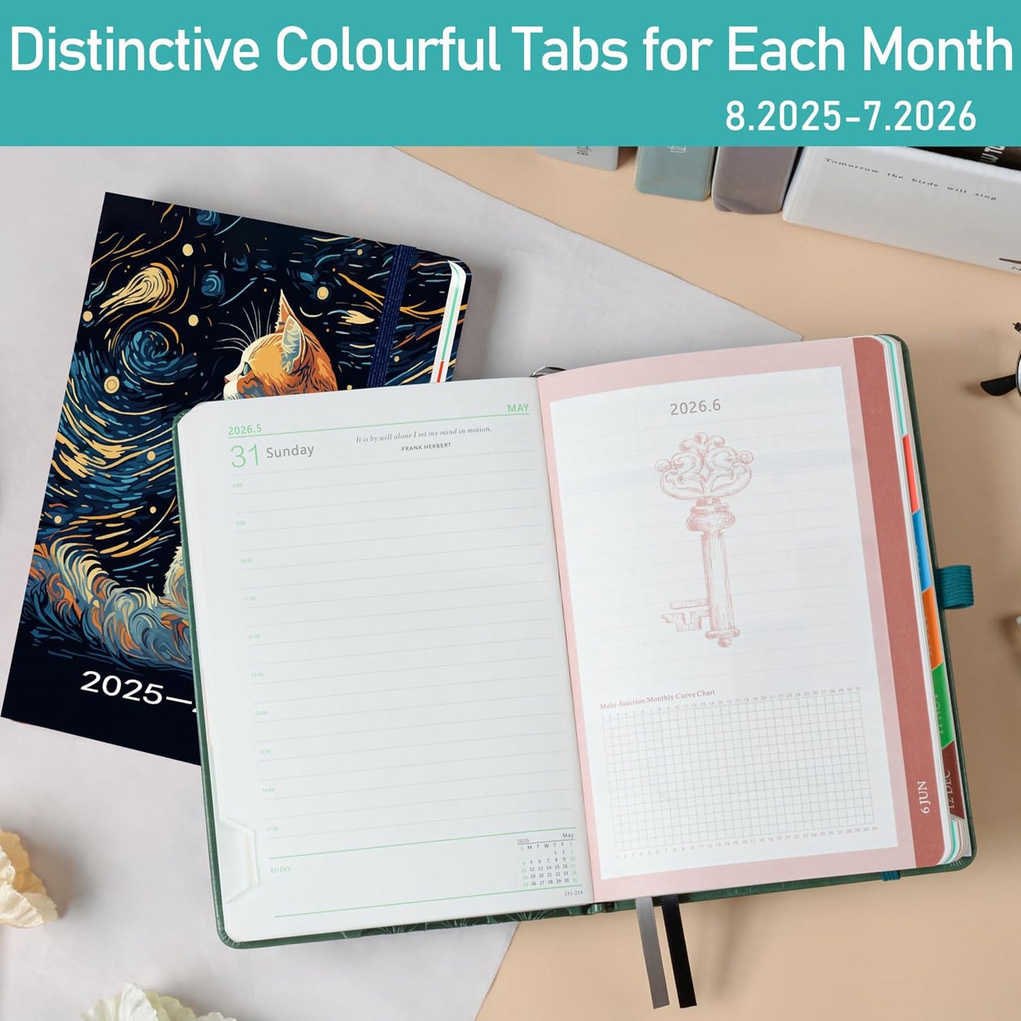 Diary 2025-2026 - Academic Diary Page a Day with Monthly View, Pen Set, and Colourful Tabs