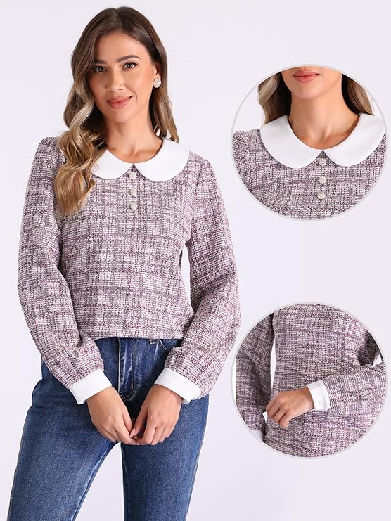 Tweed Top for Women's Button Decor Crew Neck Long Sleeve Christmas Collar Blouse