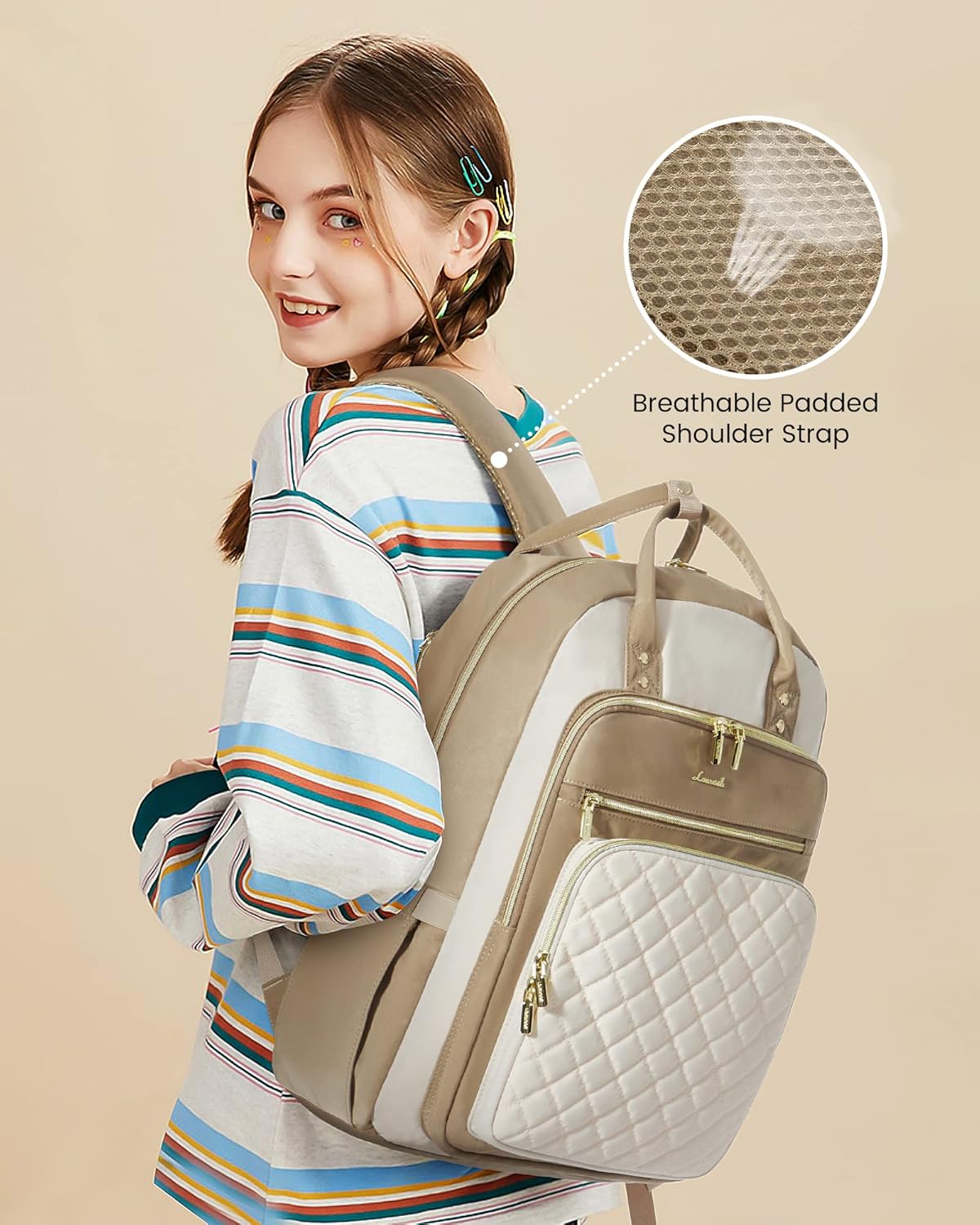 Laptop Backpack Women 15.6 Inch, Backpacks Womens, Rucksack Bag for College Work Travel University, Ladies Lightweight Commuter Bags with USB Port, Beige Khaki