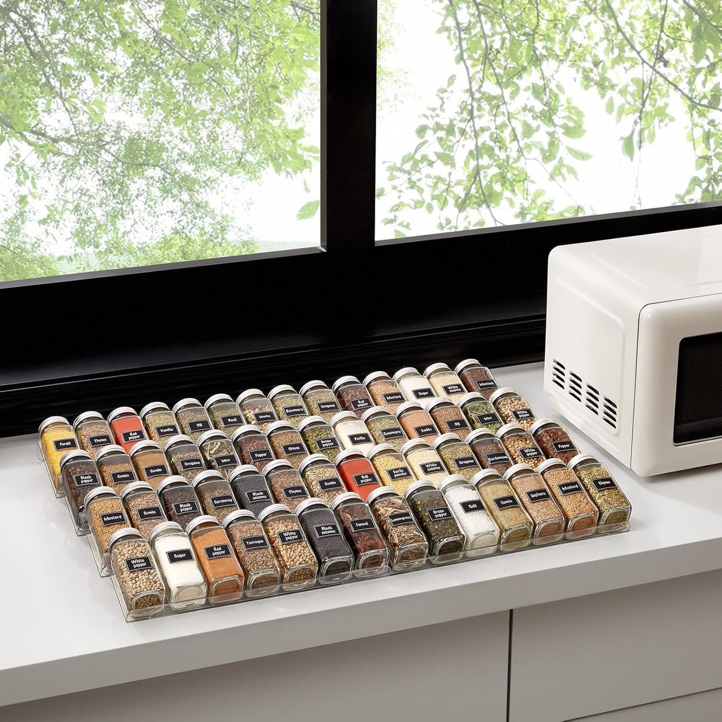 Spice Drawer Organiser, Spice Rack for Inside Drawer, Adjustable Seasoning Jars Storage Tray for Cupboard, Acrylic Drawers Shelf for Kitchen, Countertop, Cabinet, 4 Tiers, Set of 8, Black