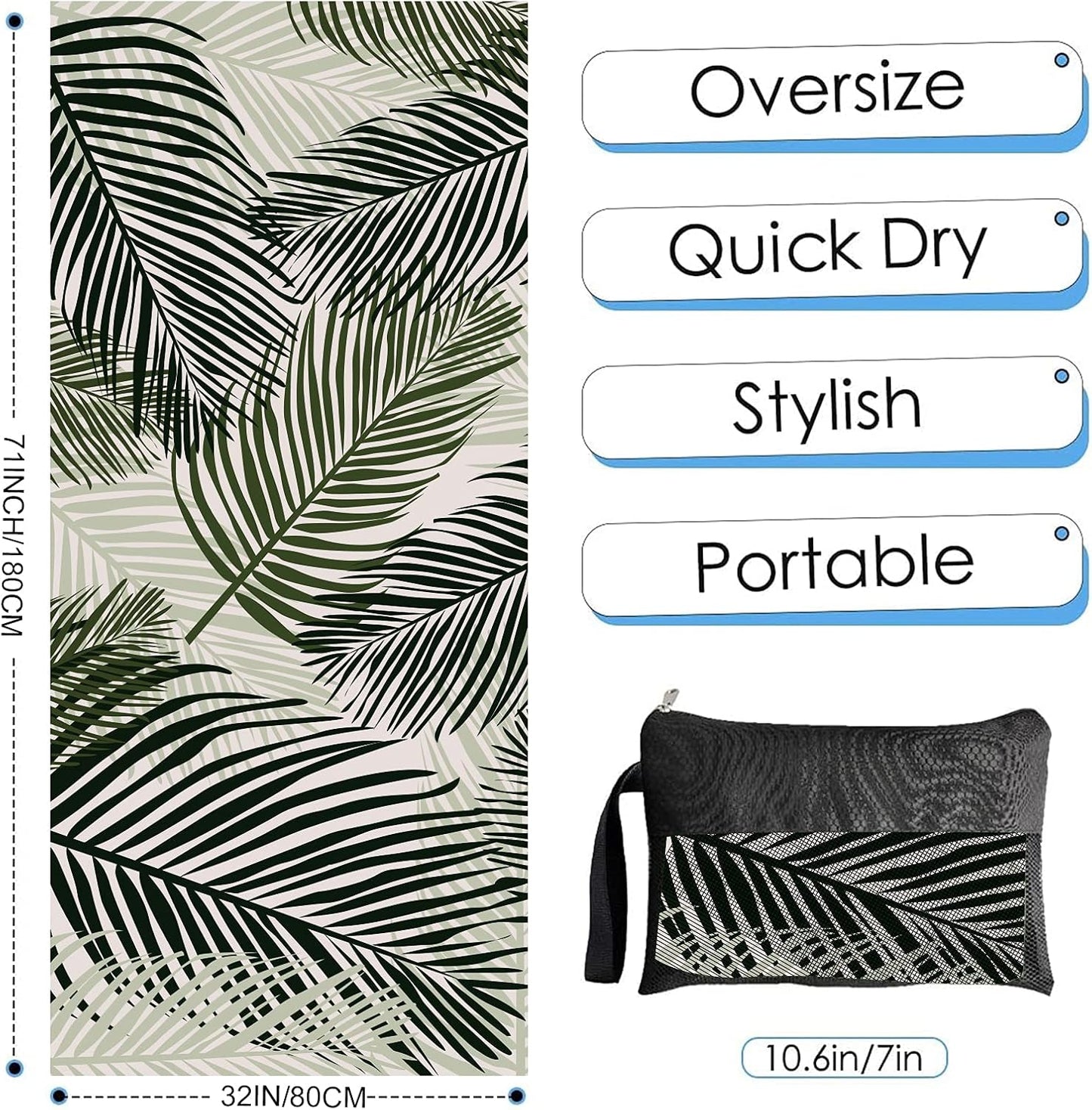 Beach Towel, 71"x32" Double Sided Oversized Microfiber Beach Towel for Adult, Lightweight Extra Large Quick Drying Towel for Swimming Sports Beach Gym