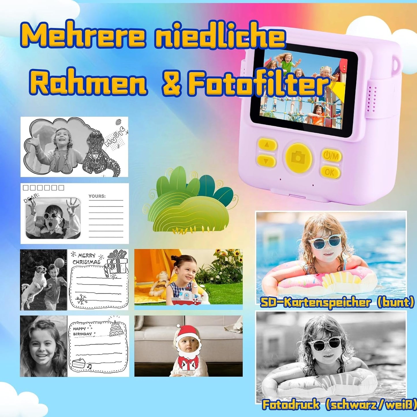 Kids Instant Print Camera, 1080P HD Digital Camera with 32G SD Card, 3 Rolls Photo Paper & 6 Color Pens, for 3-14 Year Old Girls