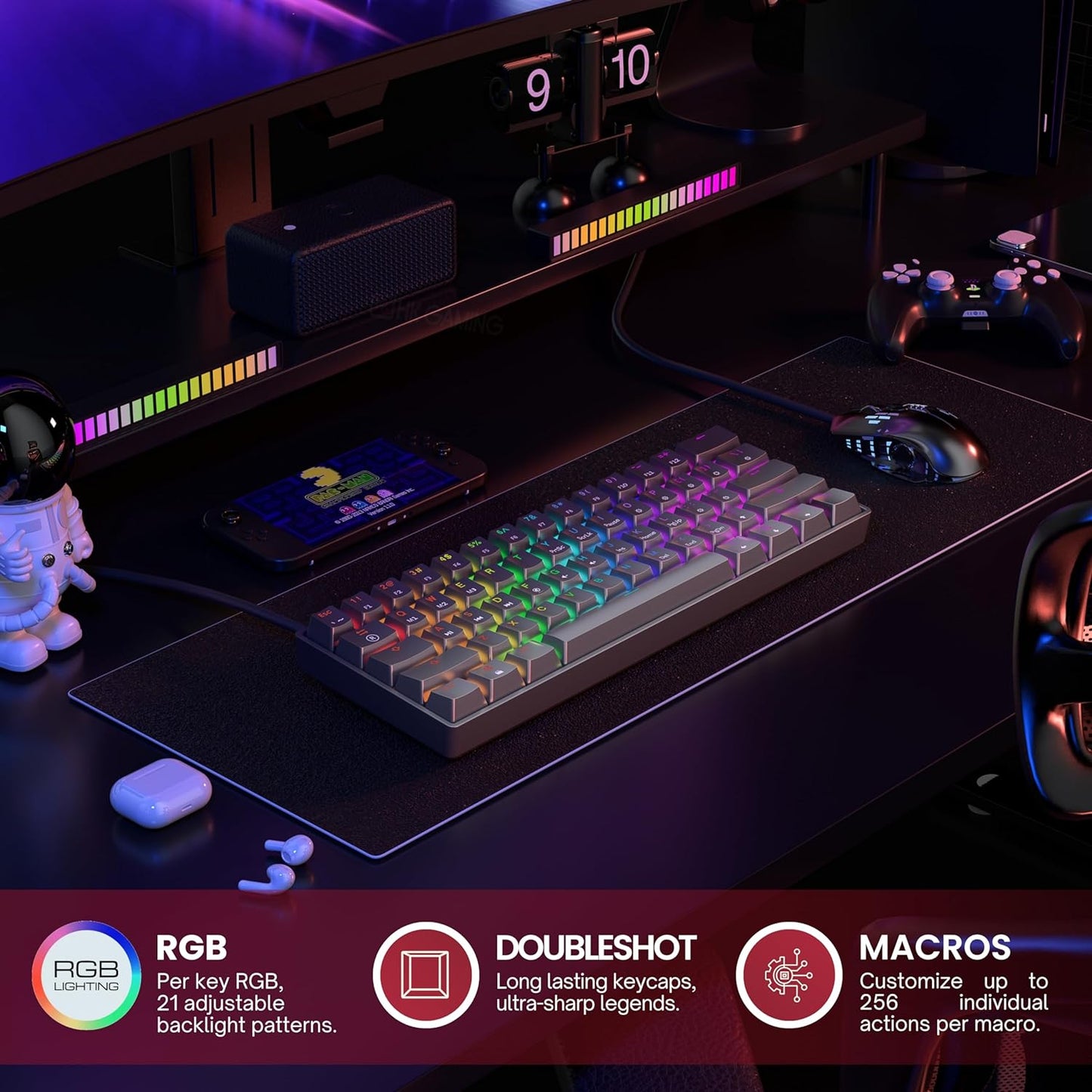 Mechanical Gaming Keyboard - 61 Keys Multi Color RGB Illuminated LED Backlit Wired Programmable for PC/Mac Gamer