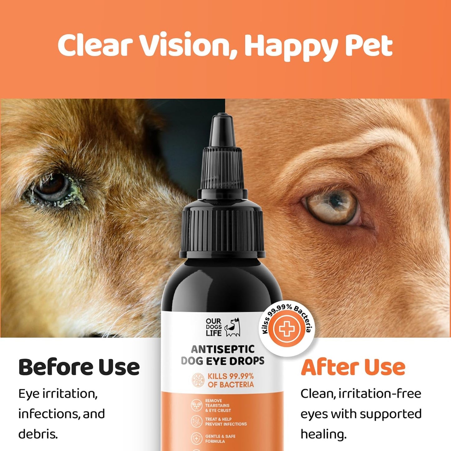 Antiseptic Dog Eye Drops - Tear Stain & Eye Crust Remover, Non-Irritating and Natural Eye Cleaning Solution for Dogs, Infection Prevention - Eye Drops for Dogs 100ml