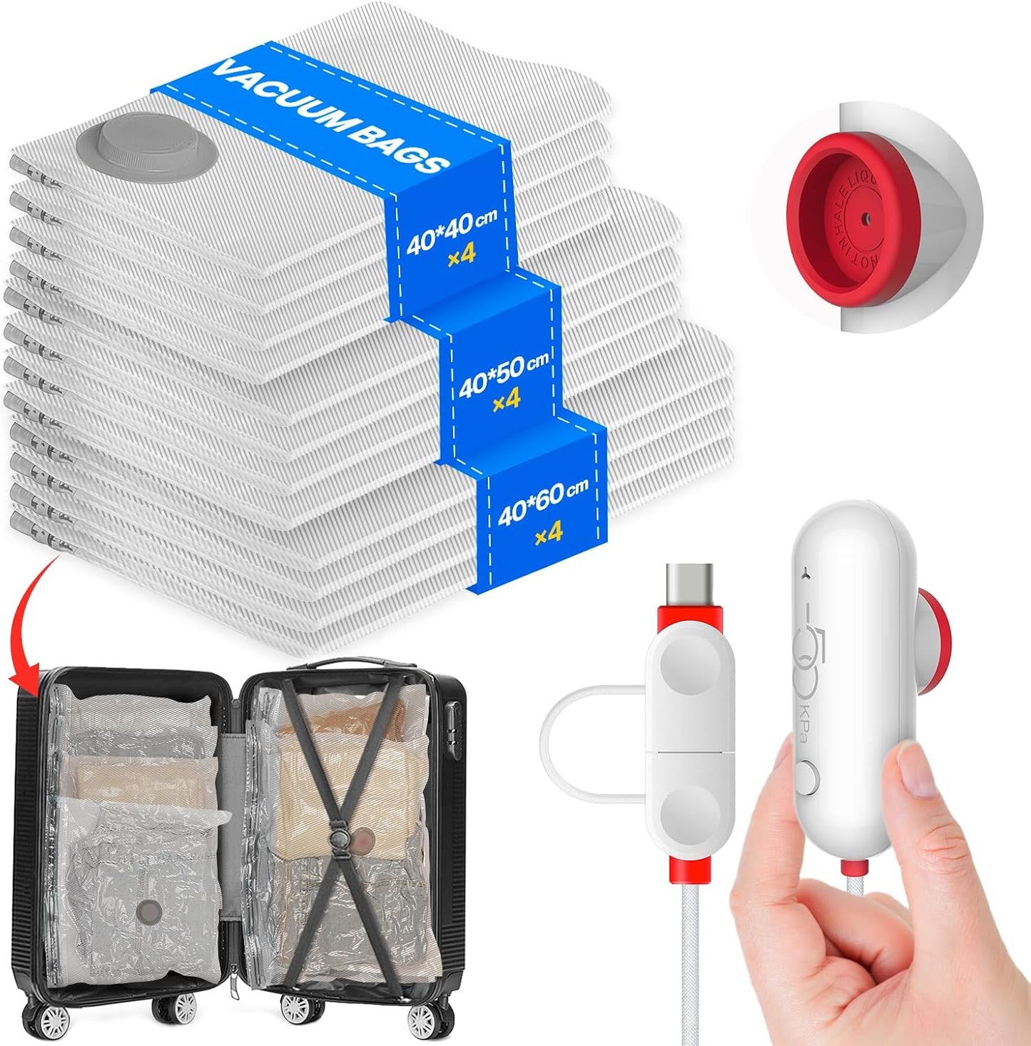 Vacuum Storage Bags for Clothes, Vacuum Bags with Electric Pump Saver Bags for Duvets, Bedding, Pillows, Clothes, Quilts