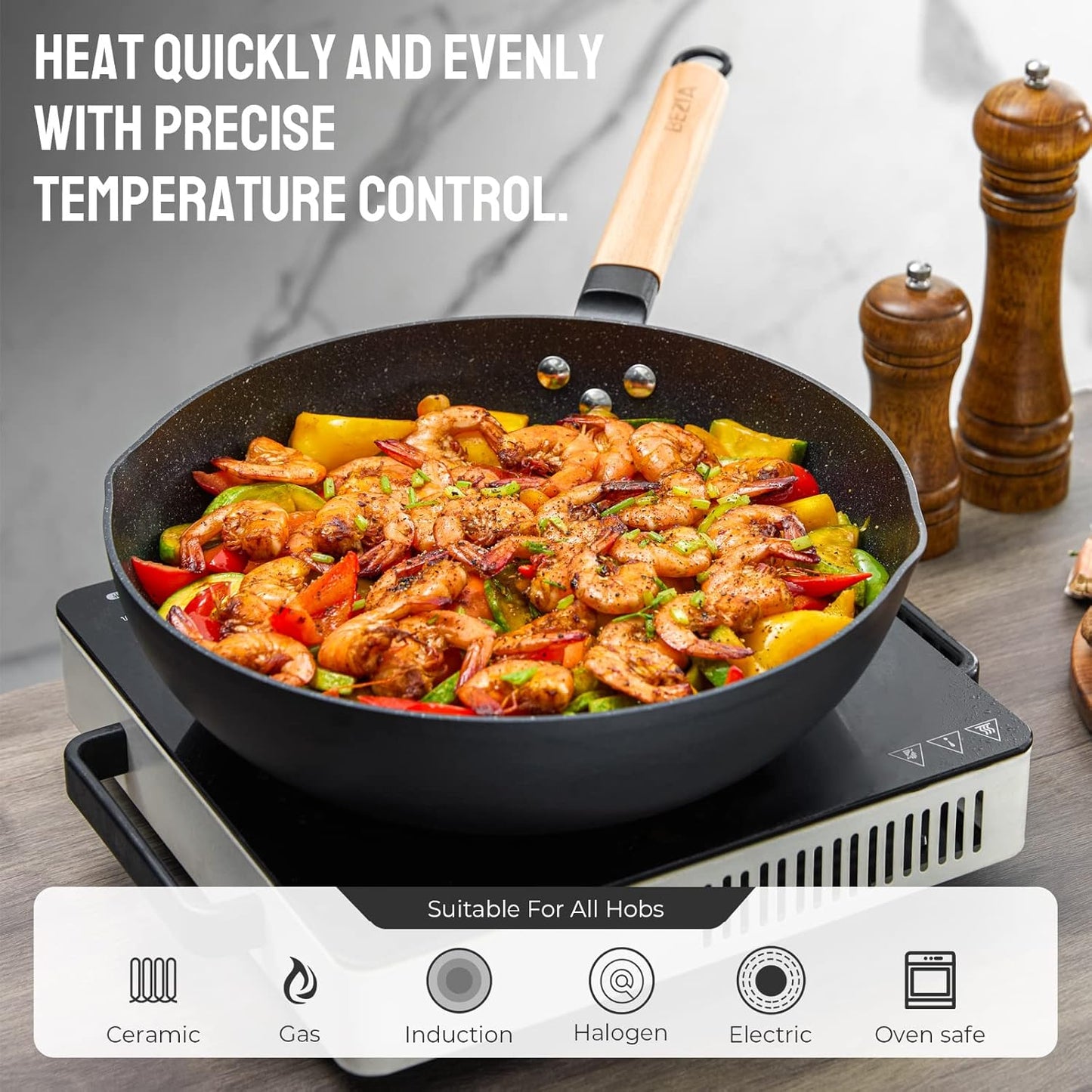 Nonstick Wok with Lid 30cm, Induction Wok Pan with Flat Bottom, 12inch Stir-Fry Pan and Non Stick Frying Pan, Removable Wooden Handle, Compatible All Stoves, Black (12421B)