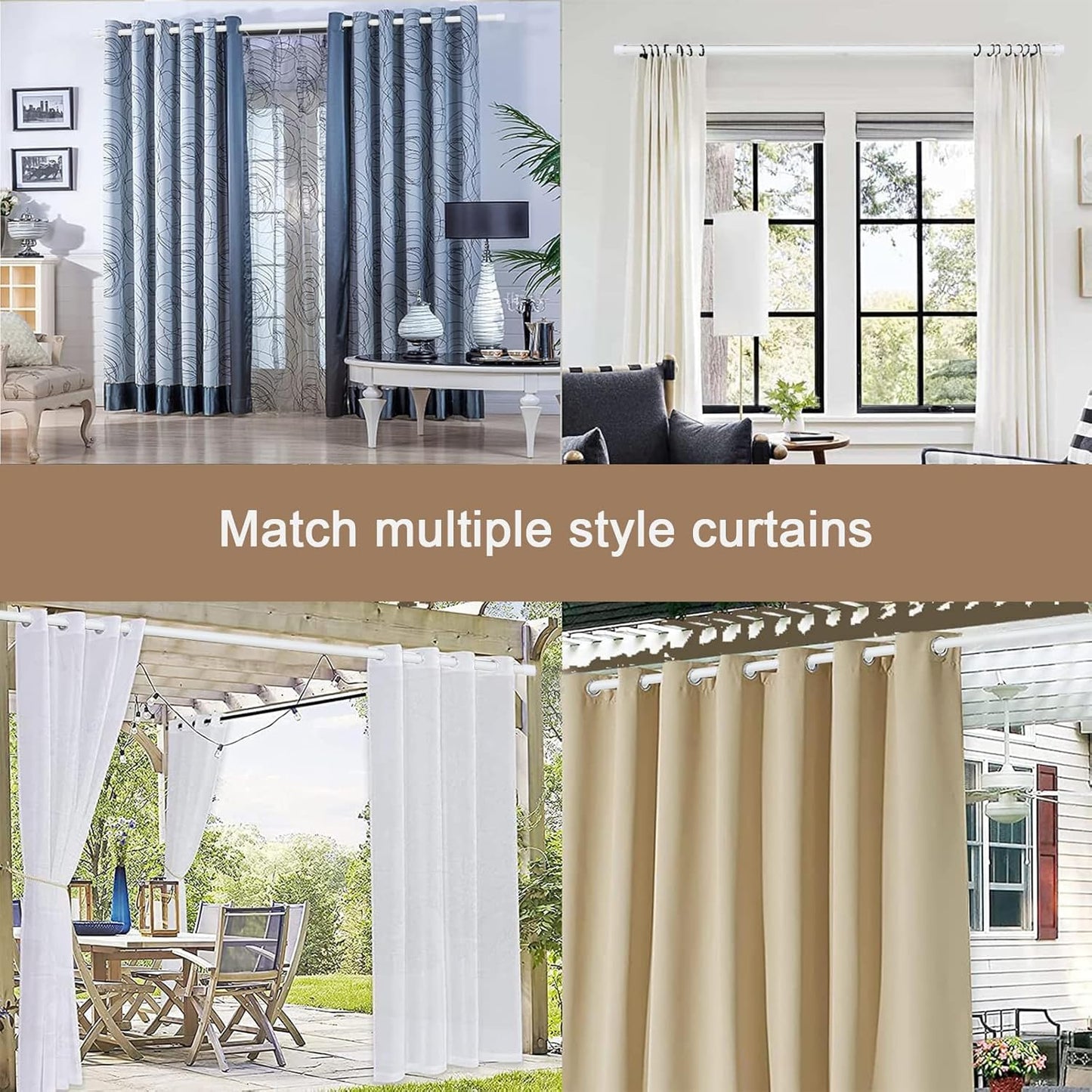 Curtain Poles with White Finials, Frosted White Curtain Pole with Brackets Fittings Set Window Poles for Living Room & Outdoor