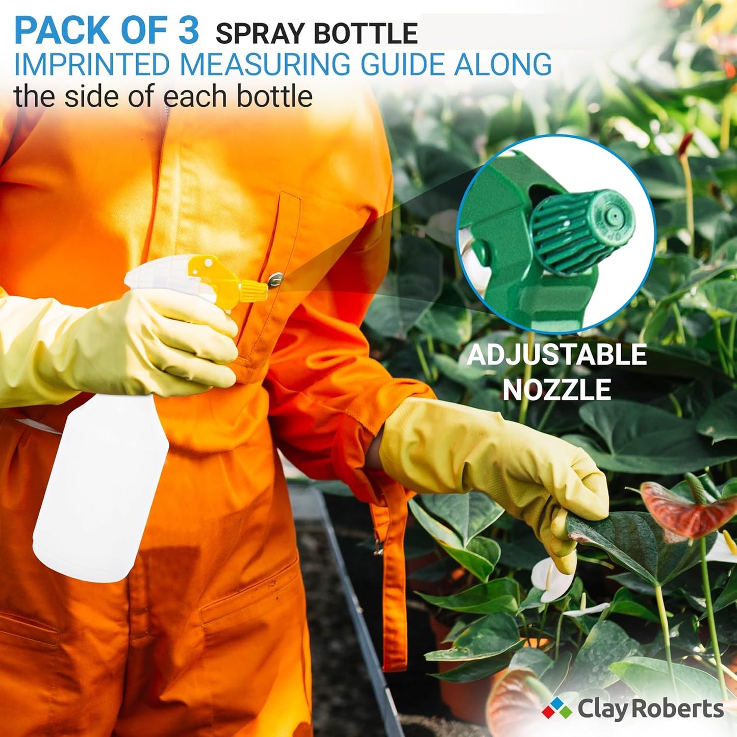 Clay Roberts Water Spray Bottles, Mist and Jet Settings, Pack of 3, Blue, 750ml, Measuring Gauge, Blue Spray Bottles, Cleaning, Gardening, Sprayer Bottle, Water for Cleaning