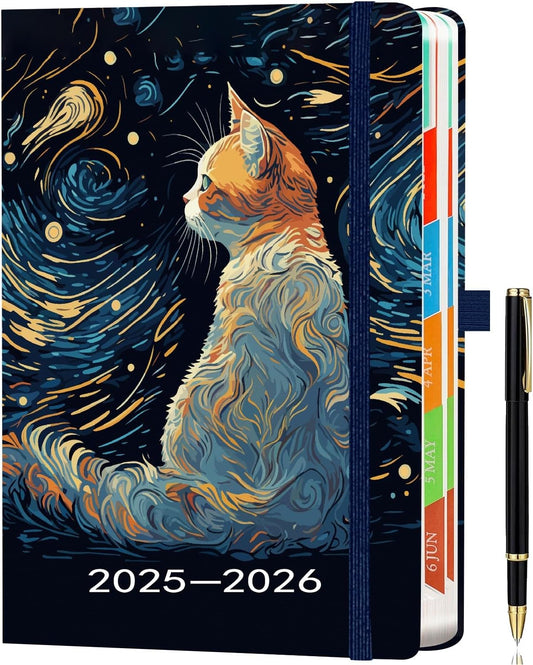 Diary 2025-2026 - Academic Diary Page a Day, Mid-Year Planner with Monthly View, Pen Set, Colourful Tabs Famous Quotes, Inner Pocket, Cat Theme