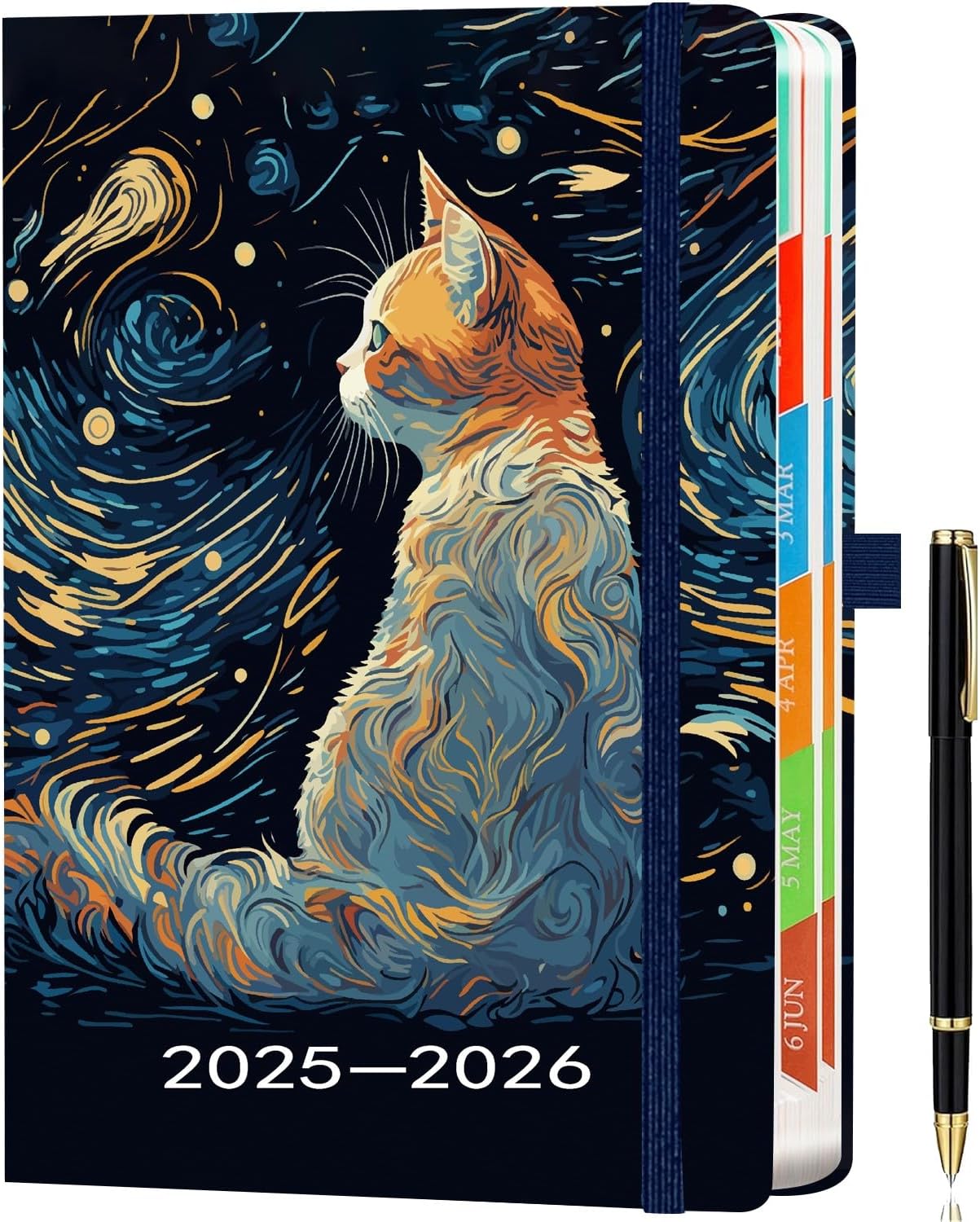 Diary 2025-2026 - Academic Diary A5 Page a Day, Mid-Year Planner (Aug.25-Jul.26) with Monthly View, Pen Set, Colourful Tabs Famous Quotes, Inner Pocket, Cat Theme