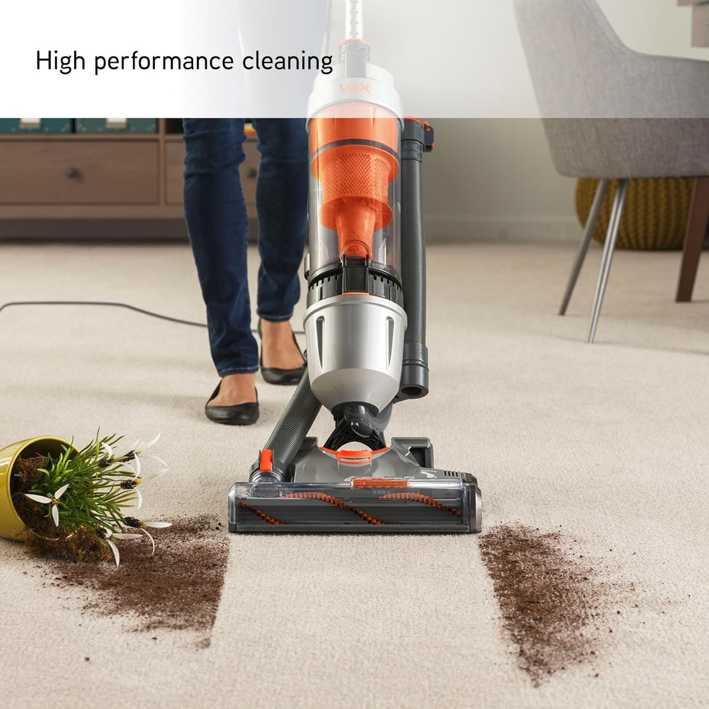 Air Stretch Upright Vacuum Cleaner; Over 17m Reach; High performance, Multi-cyclonic, with No Loss of Suction; Lightweight - U85-AS-Be, Silver and Orange
