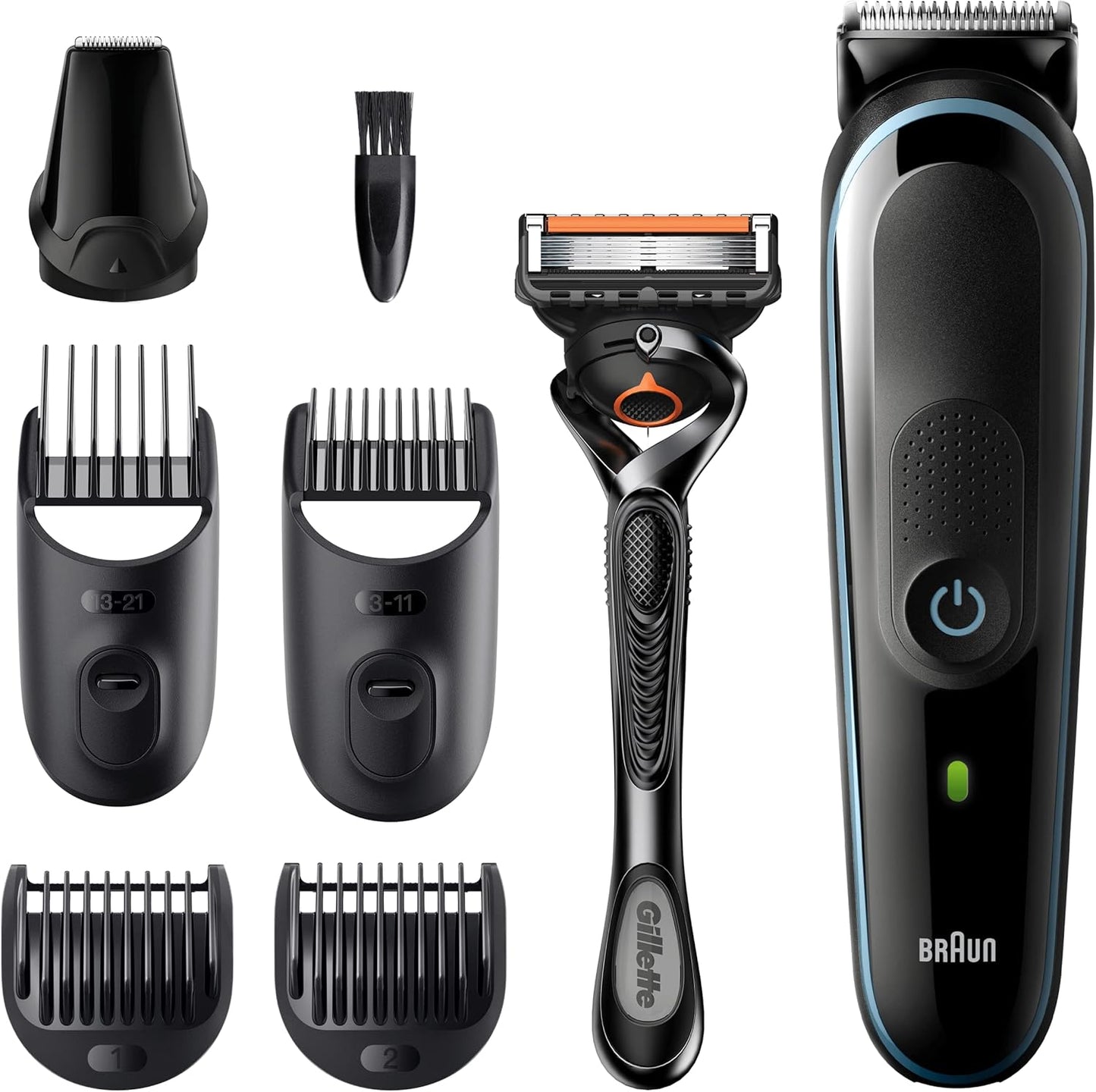 Braun 7-in-1 All-In-One Series 3, Male Grooming Kit With Beard Trimmer, Hair Clippers, Gillette Razor & Precision Trimmer, 5 Attachments, Gifts For Men, UK 2 Pin Plug, MGK3245, Black/Blue Razor